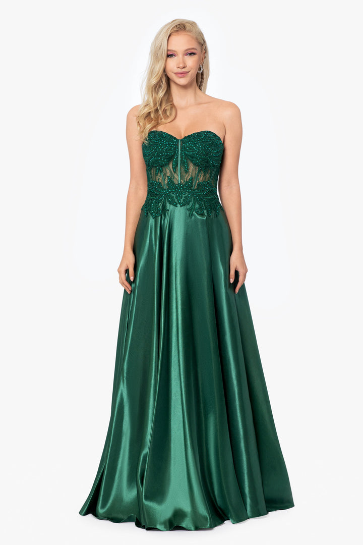 "Melissa" Charmeuse Illusion Bodice Applique Gown