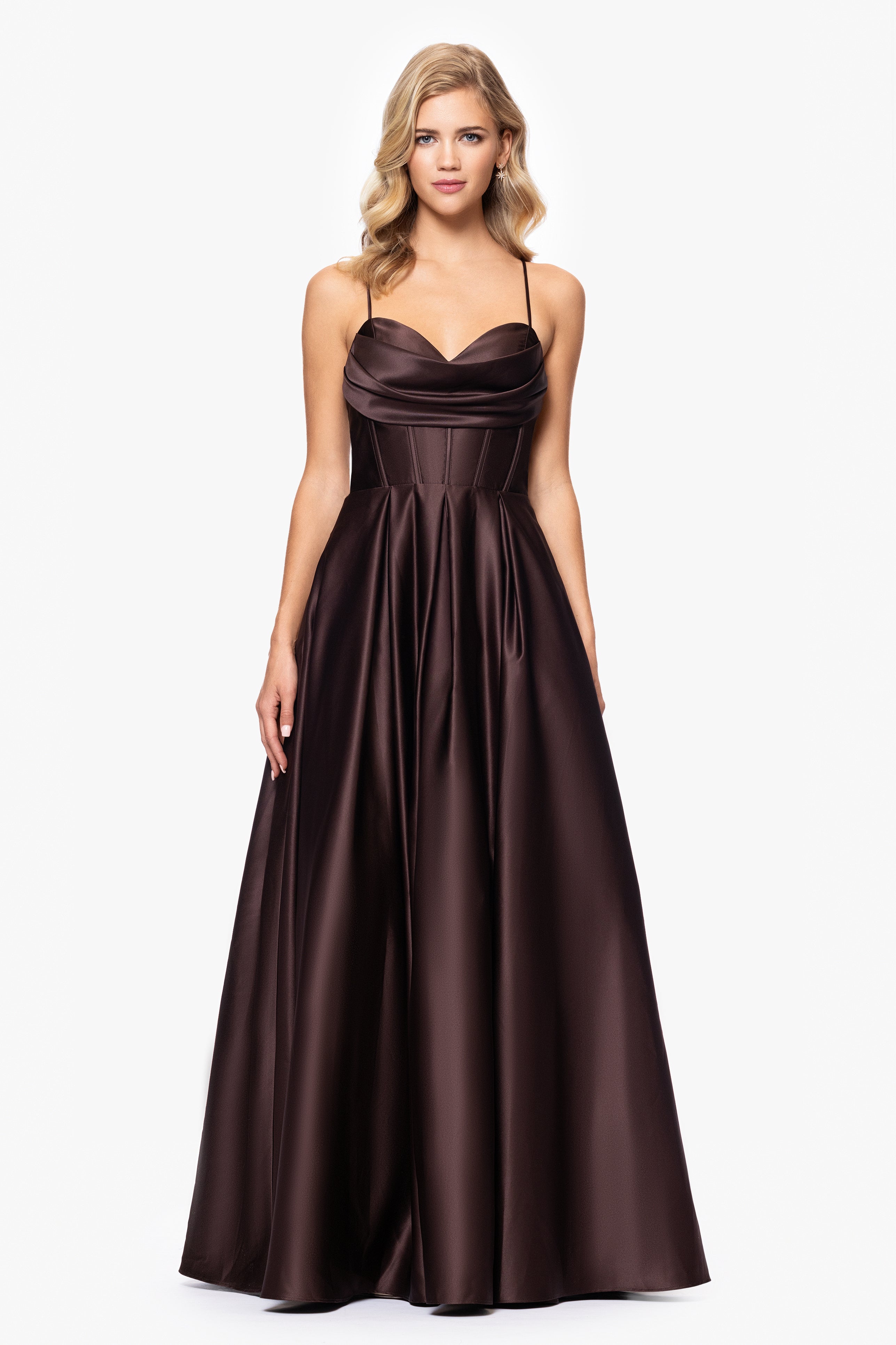 "Liza" Lamour Satin Draped Corset Tieback Gown