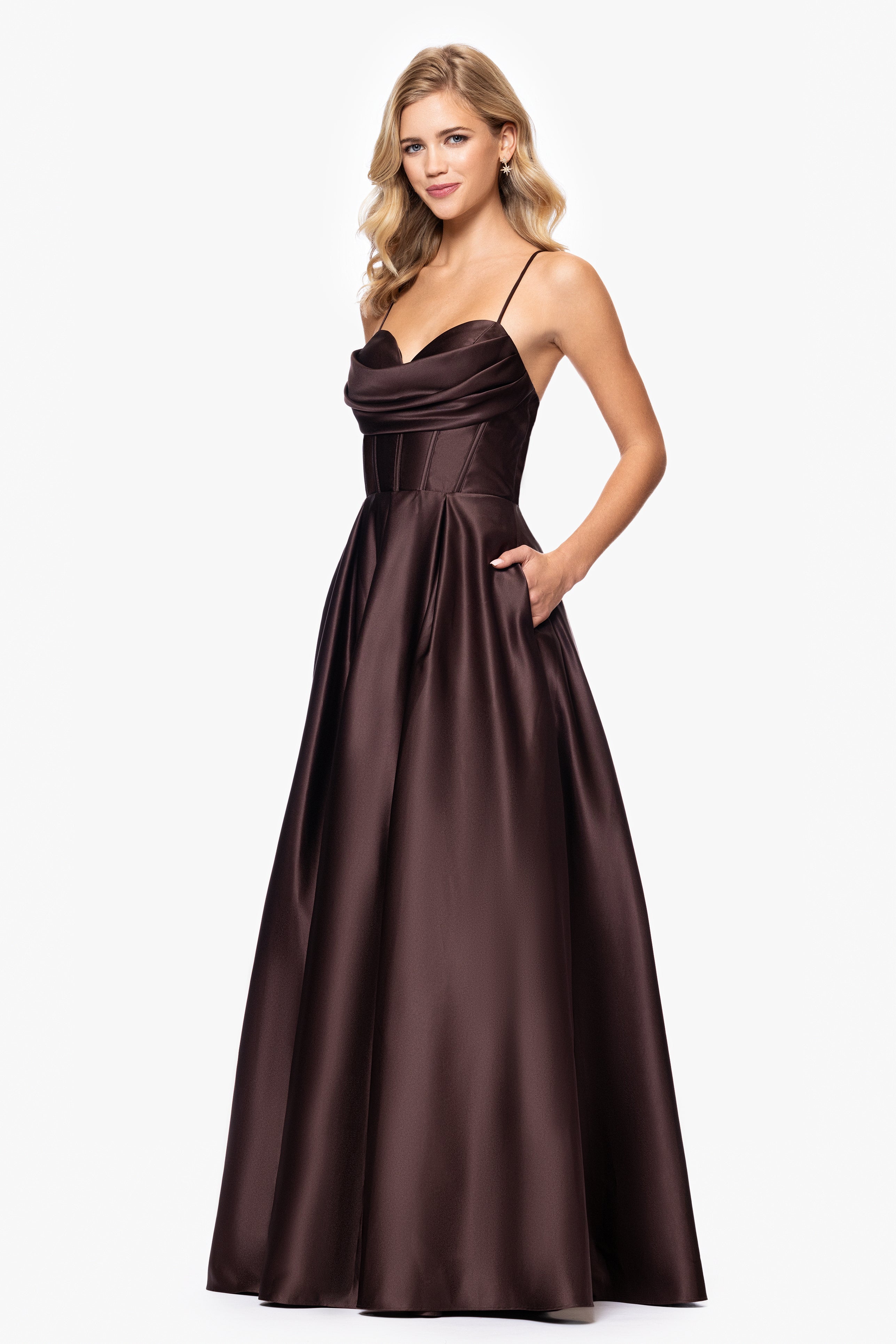 "Liza" Lamour Satin Draped Corset Tieback Gown