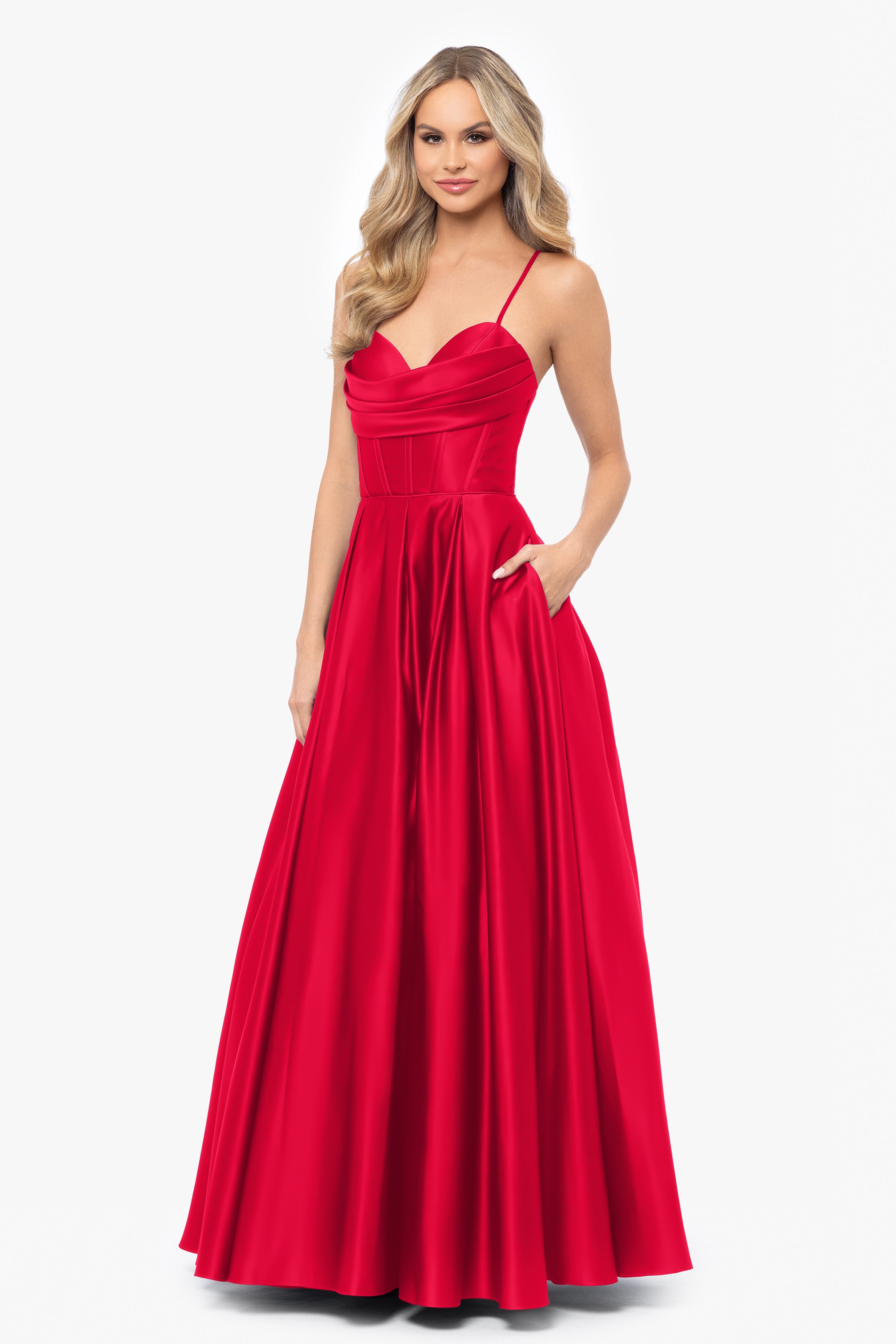 "Liza" Lamour Satin Draped Corset Tieback Gown