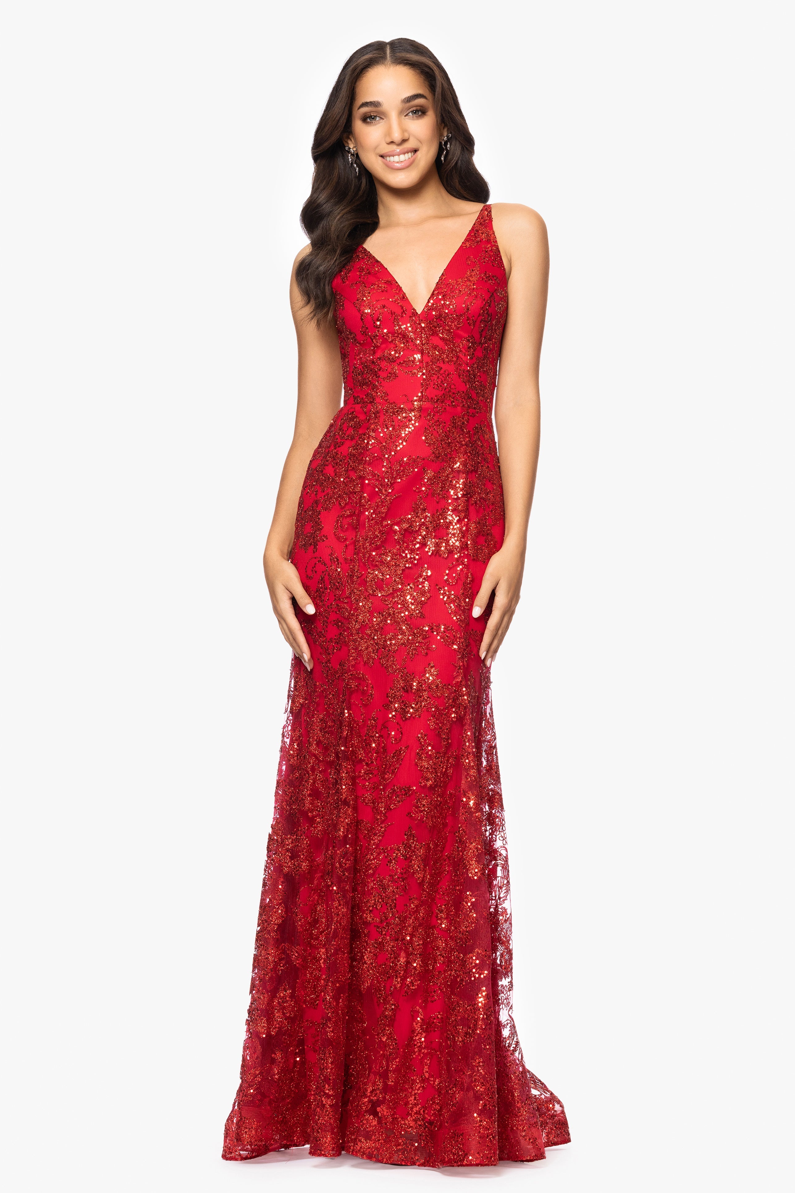 Blondie Nites "Zoey" Glitter V-Neck Floor Length Dress