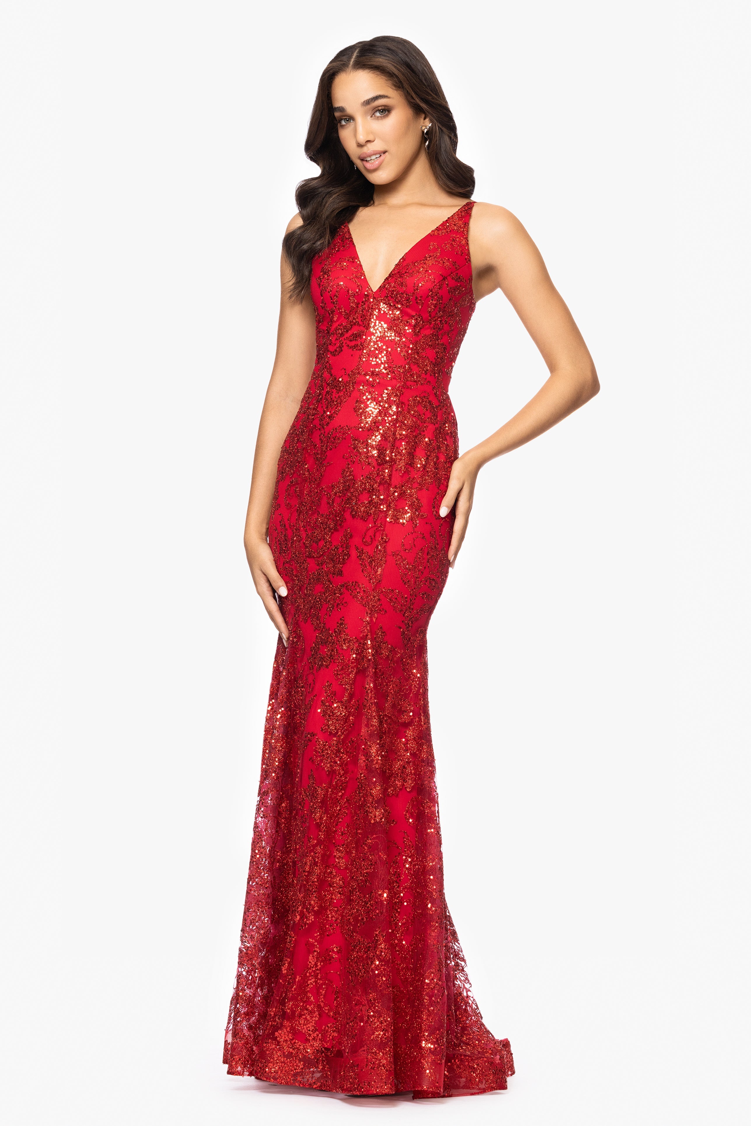 Blondie Nites "Zoey" Glitter V-Neck Floor Length Dress