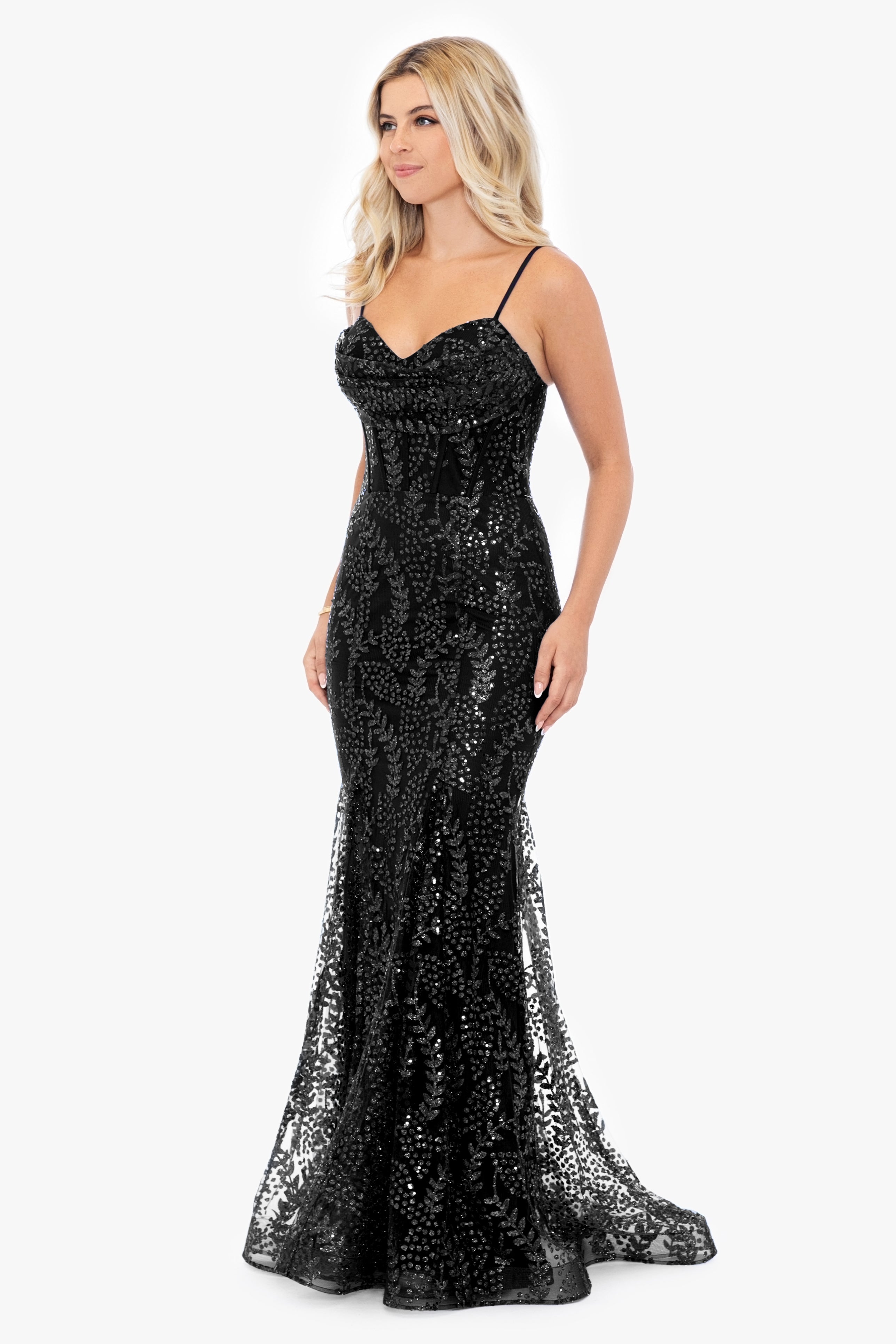 "Marissa" Long Glitter Mesh Lace Up Back Gown