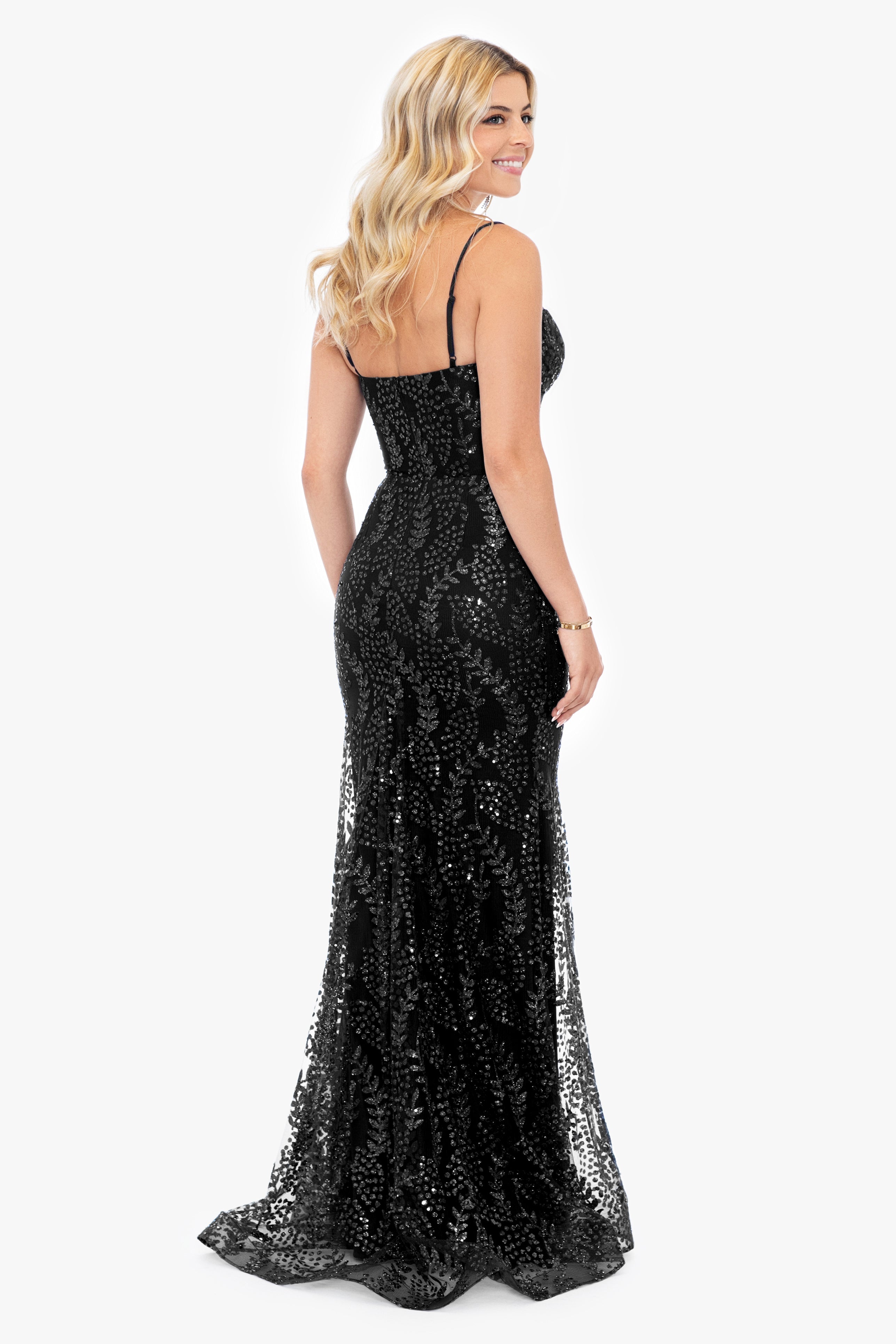 "Marissa" Long Glitter Mesh Lace Up Back Gown