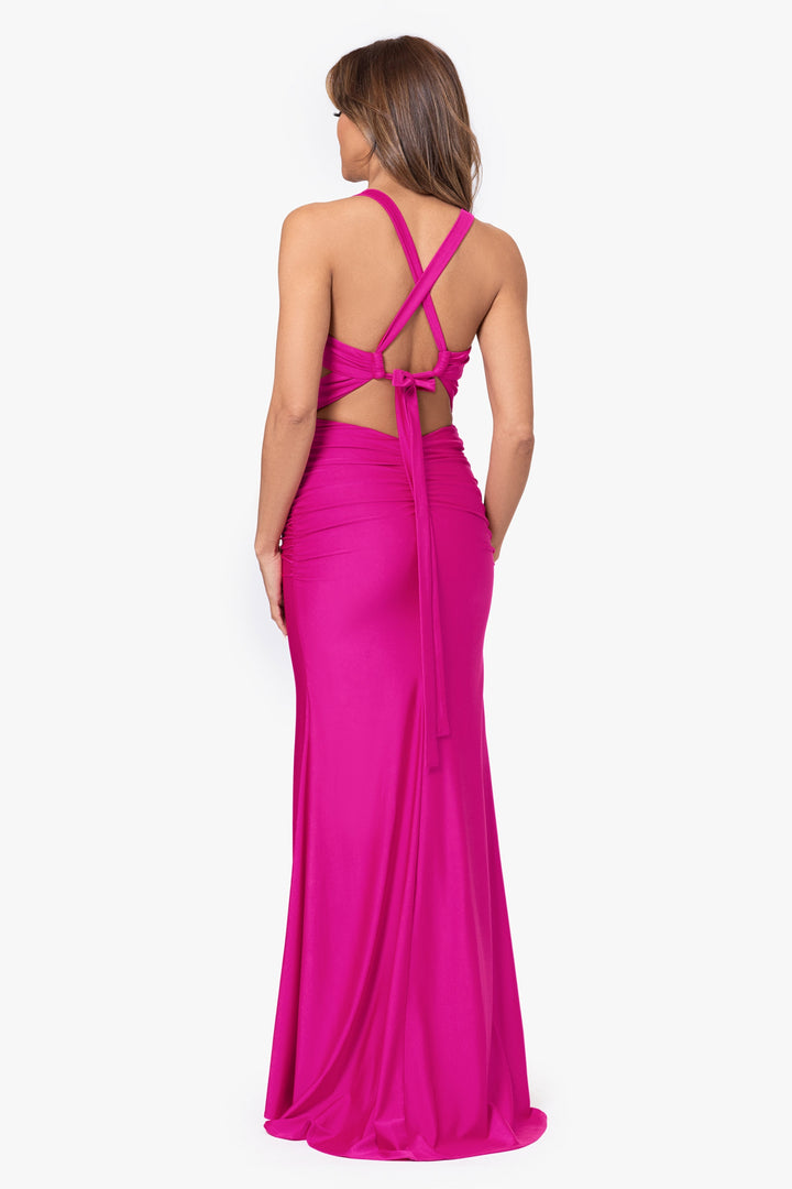 "Tiana" Long Power Sateen Tie Back Dress