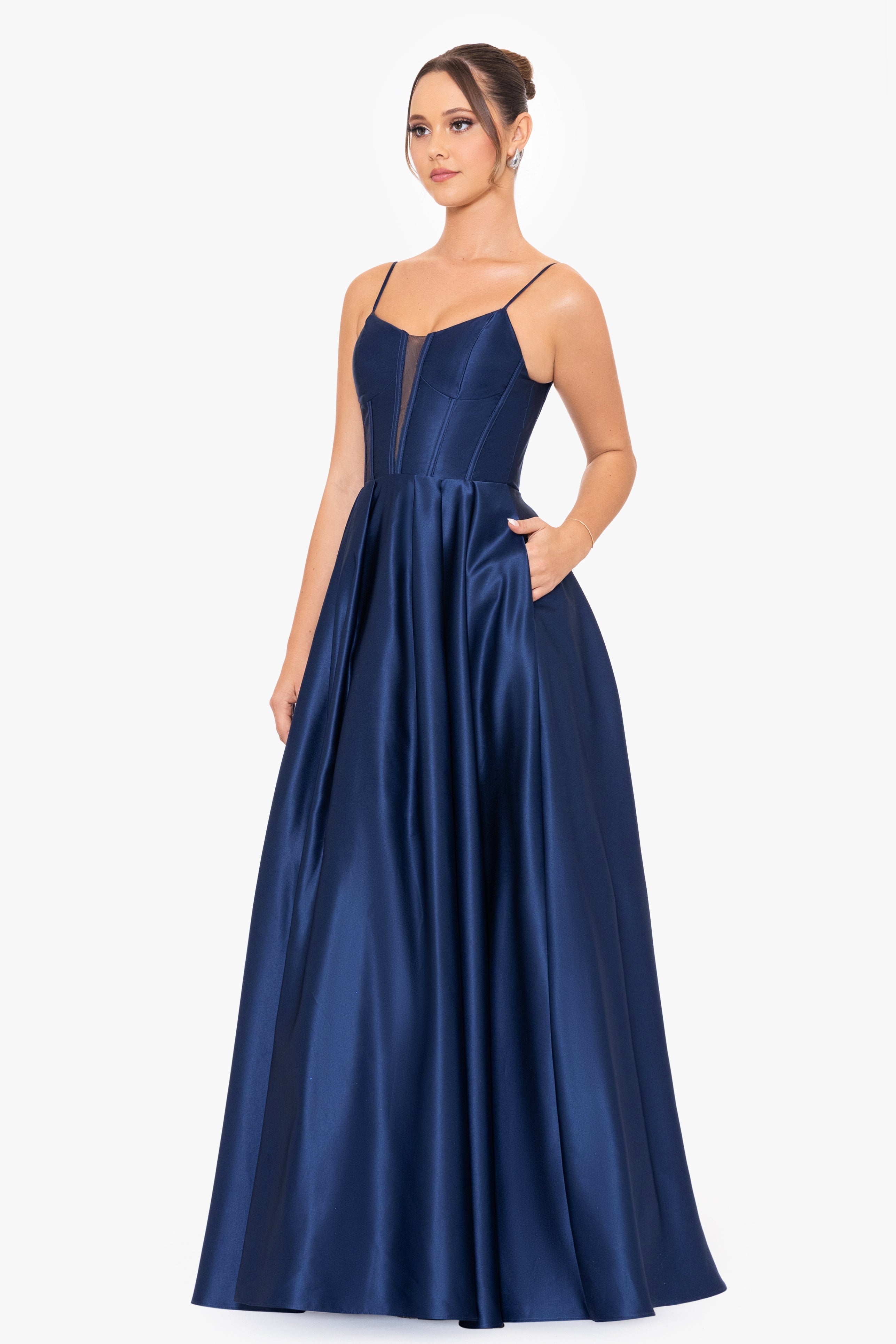 "Carol" Long Satin Mesh Insert Ballgown