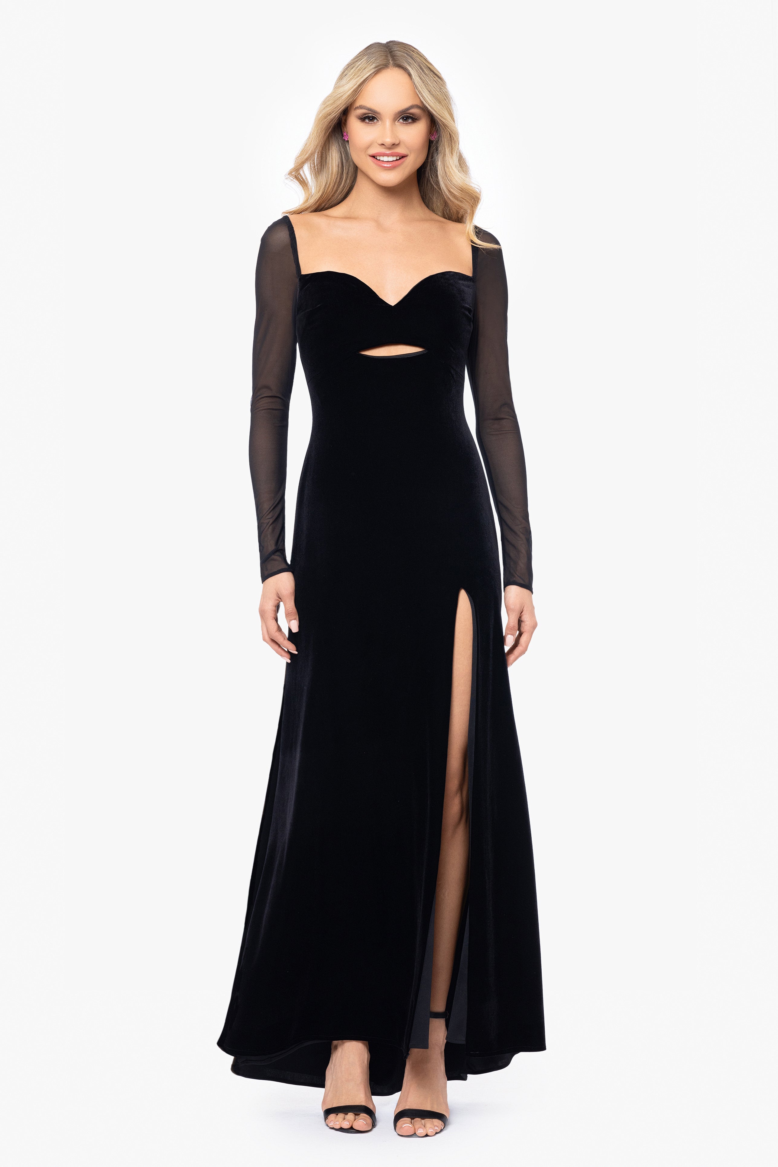 Blondie Nites "Valerie" Sheer Long Sleeve Floor Length Velvet Dress