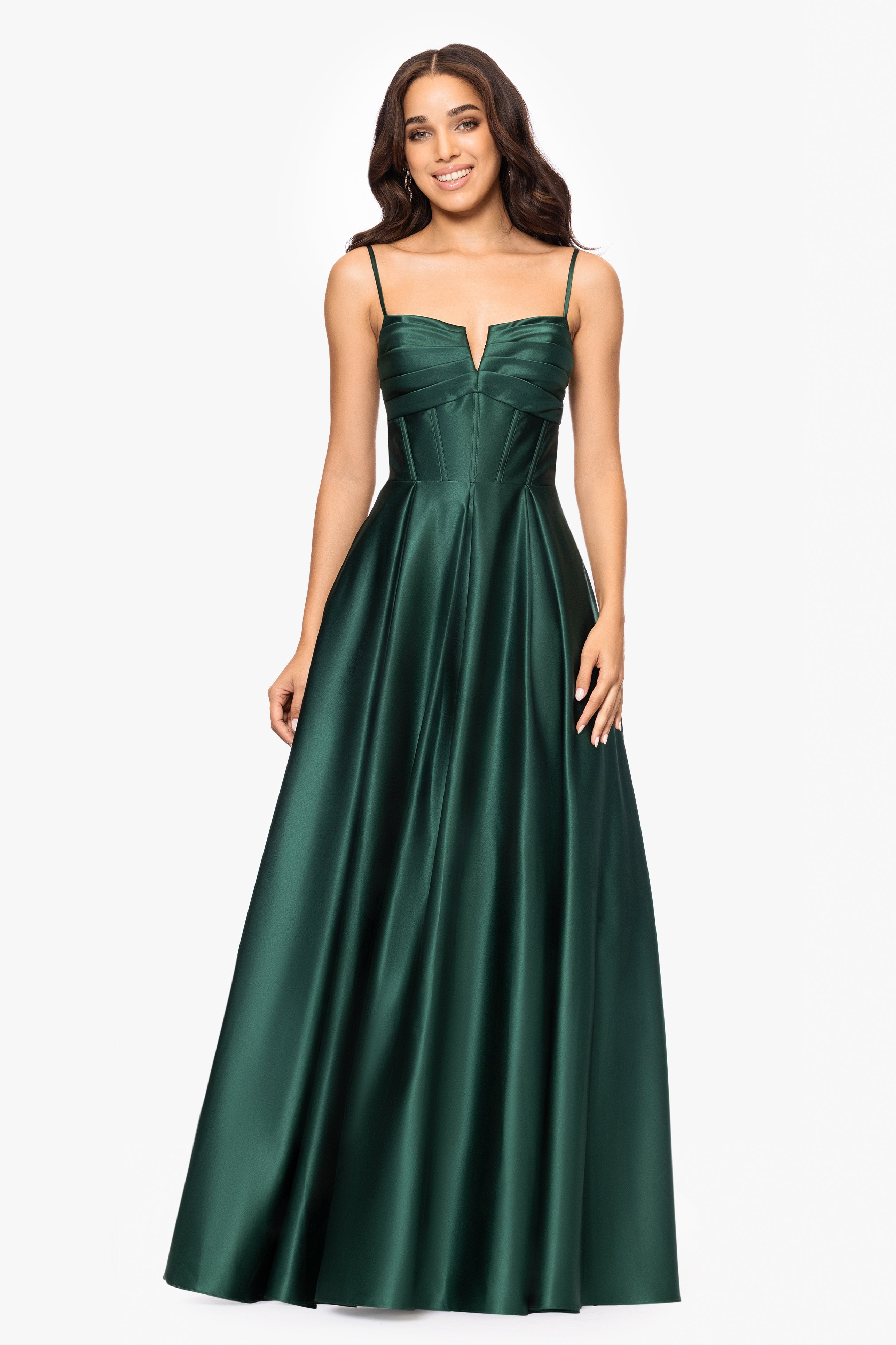 Blondie Nites "Kaylin" Satin Spaghetti Strap V-Neck Floor Length Dress