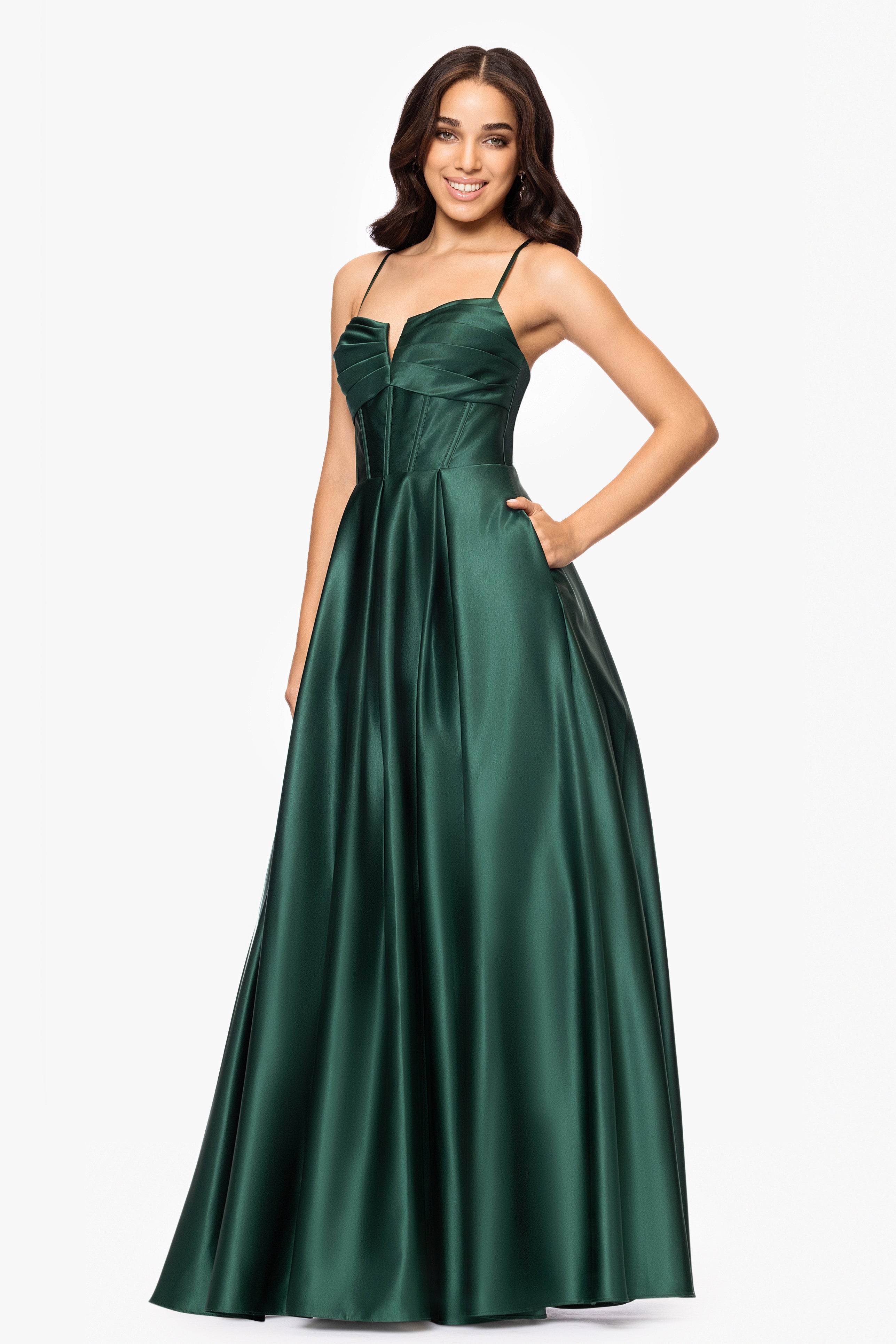 Blondie Nites "Kaylin" Satin Spaghetti Strap V-Neck Floor Length Dress