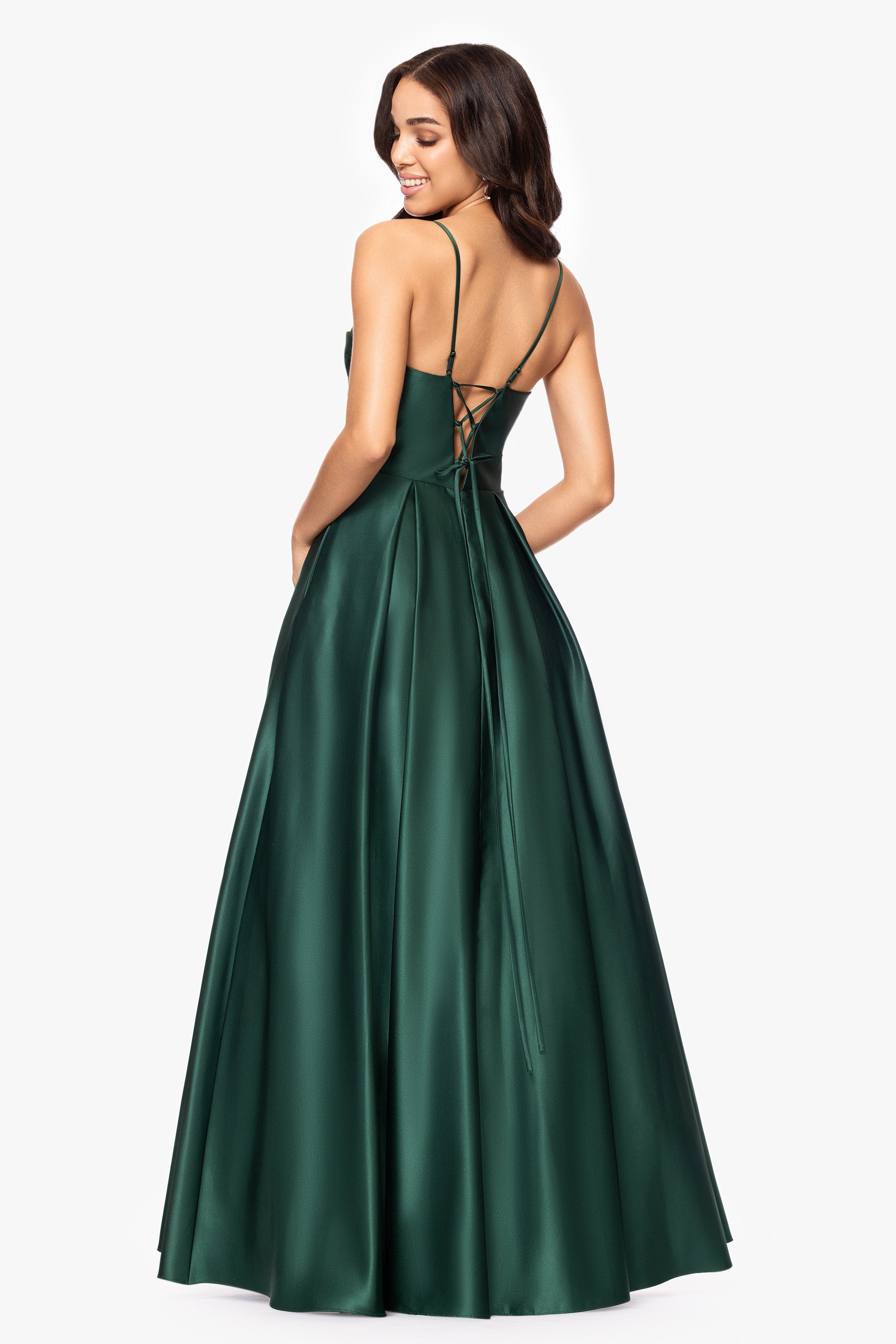 Blondie Nites "Kaylin" Satin Spaghetti Strap V-Neck Floor Length Dress