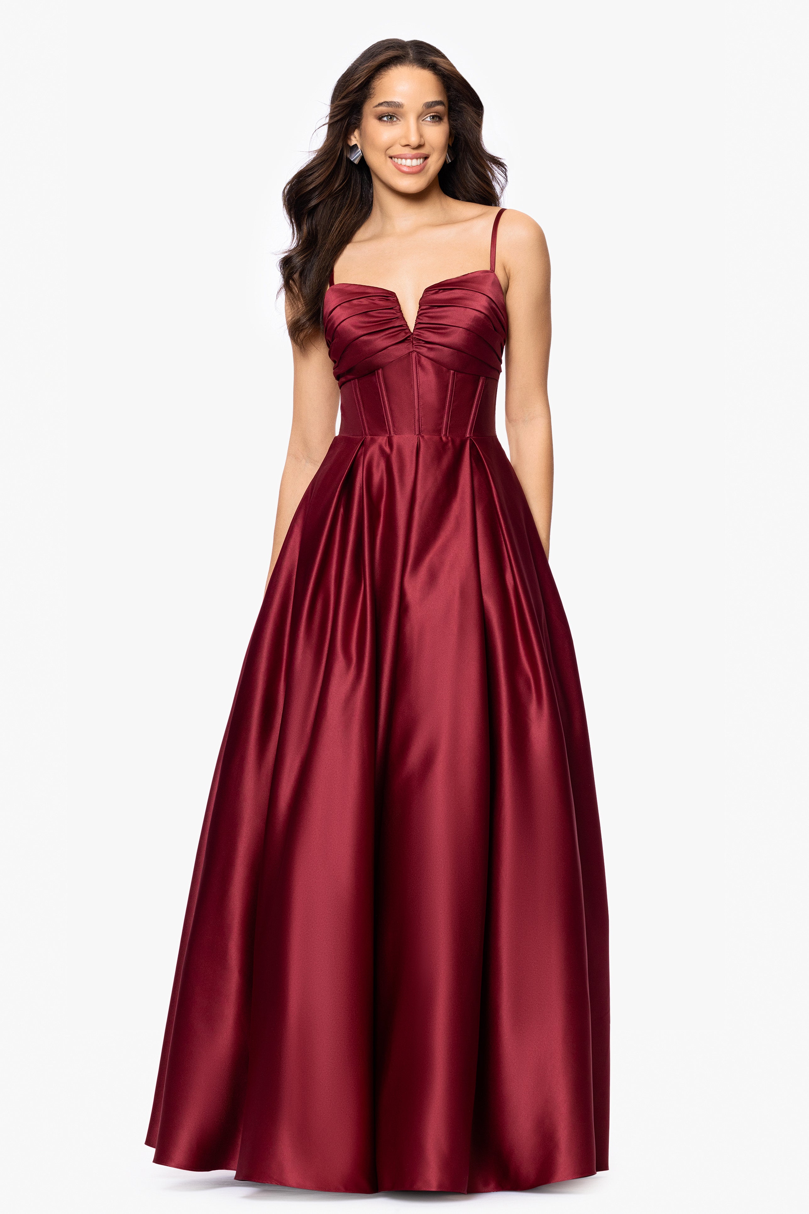 Blondie Nites "Kaylin" Satin Spaghetti Strap V-Neck Floor Length Dress