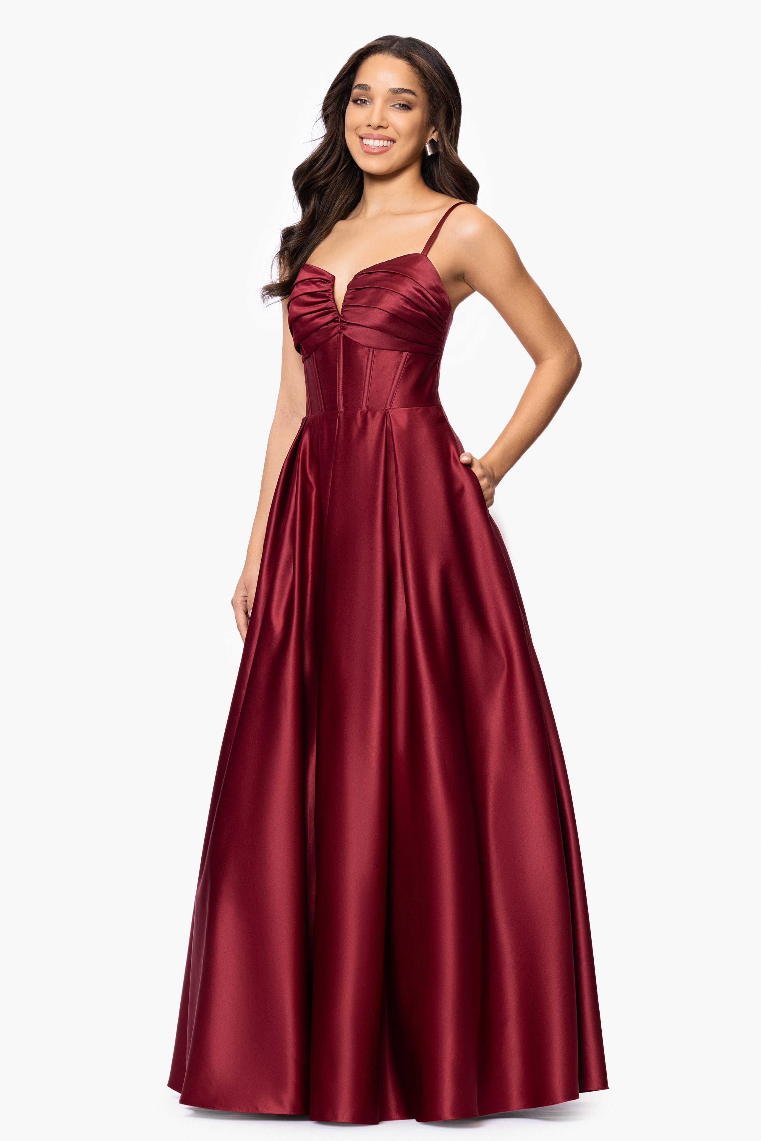 Blondie Nites "Kaylin" Satin Spaghetti Strap V-Neck Floor Length Dress