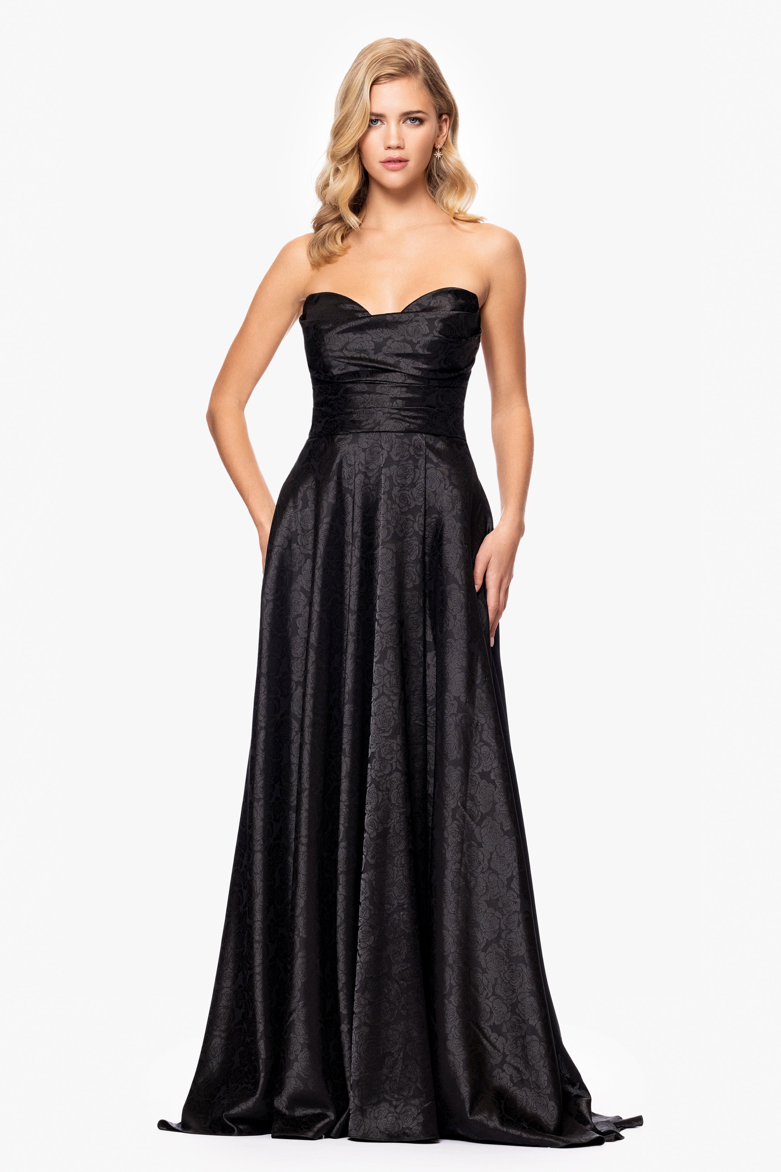 Blondie Nites "Raquel" Long Strapless Jacquard Gown