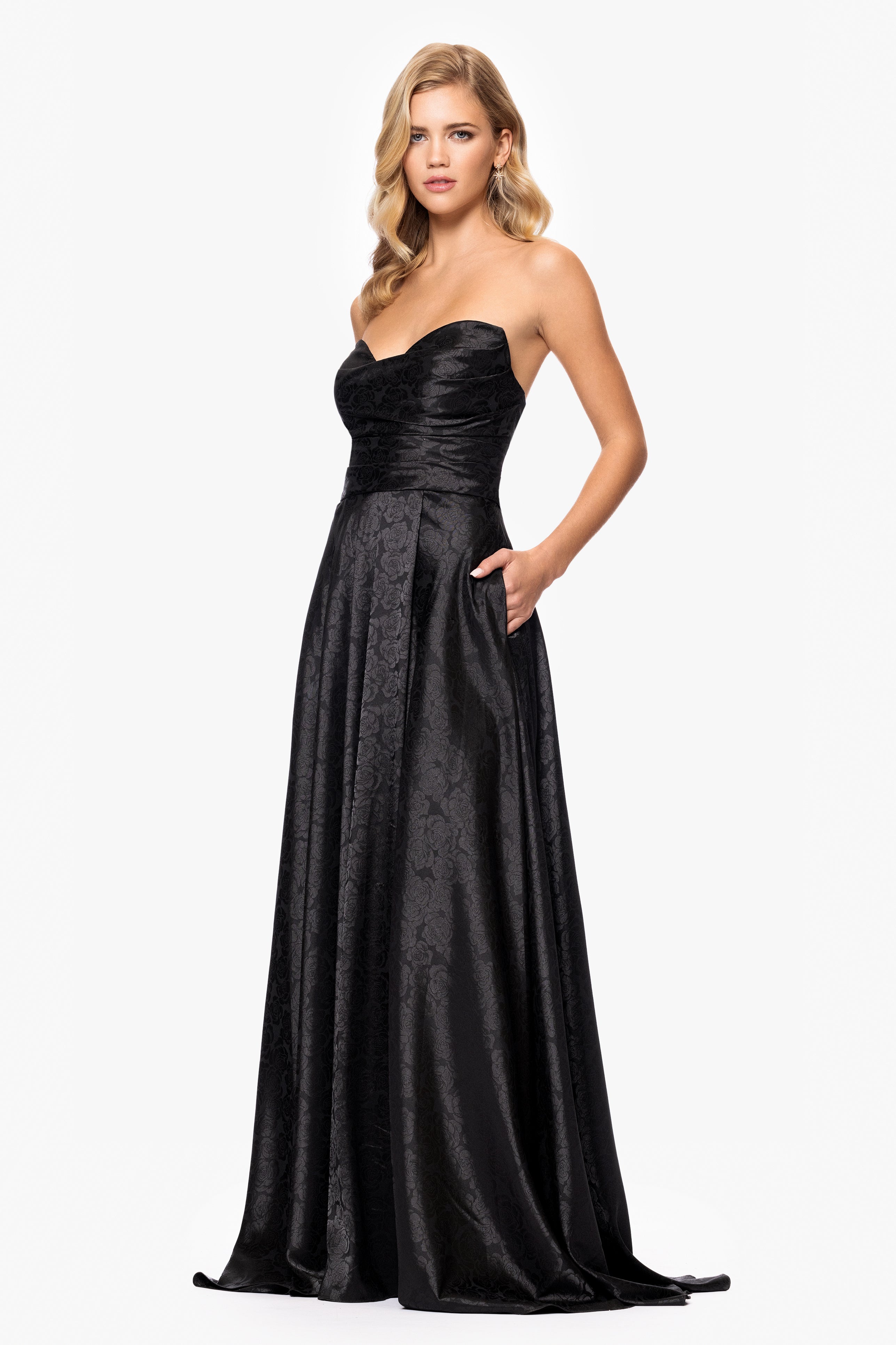 Blondie Nites "Raquel" Long Strapless Jacquard Gown