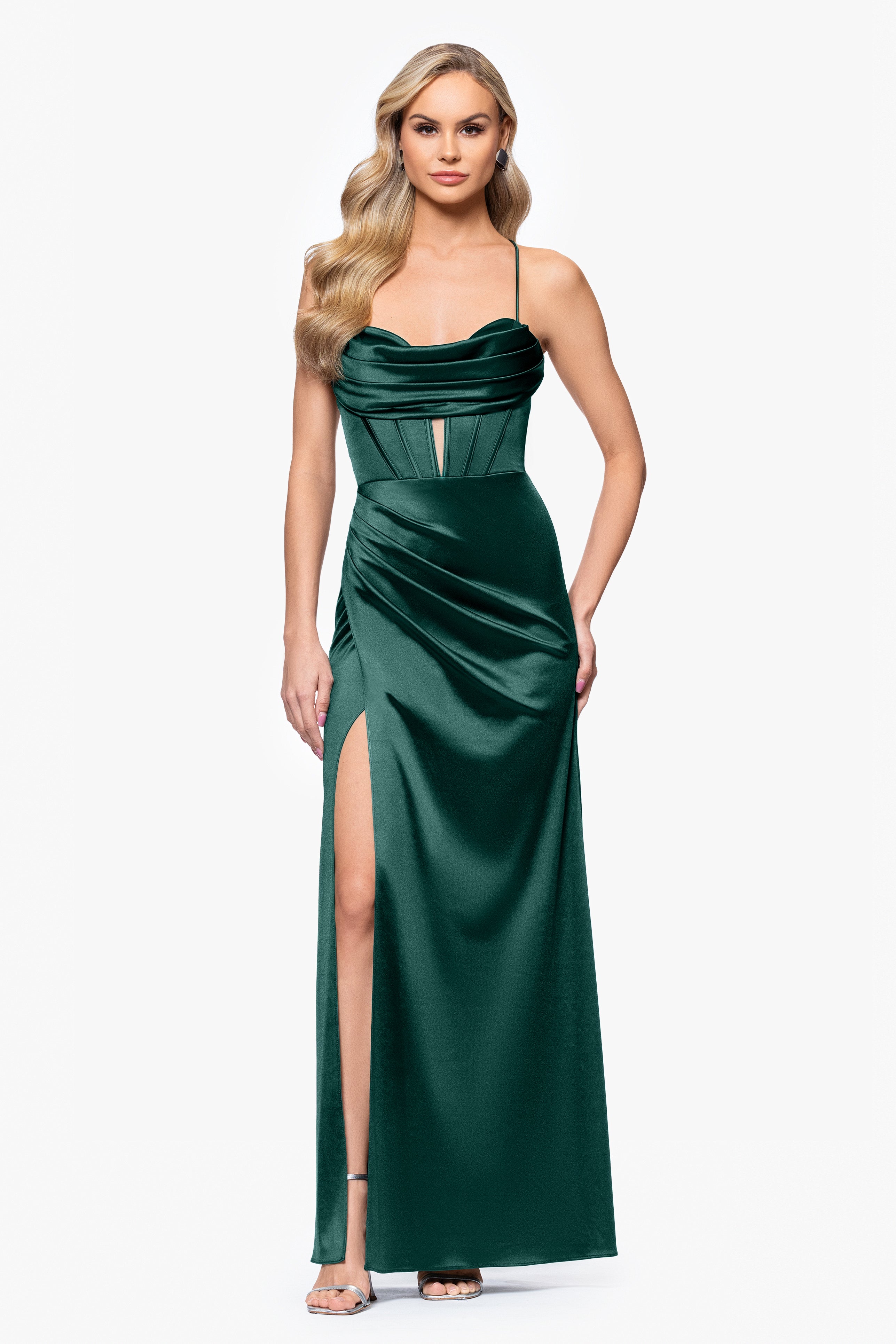 Blondie Nites "Camille" Satin Draped Corset Floor Length Dress