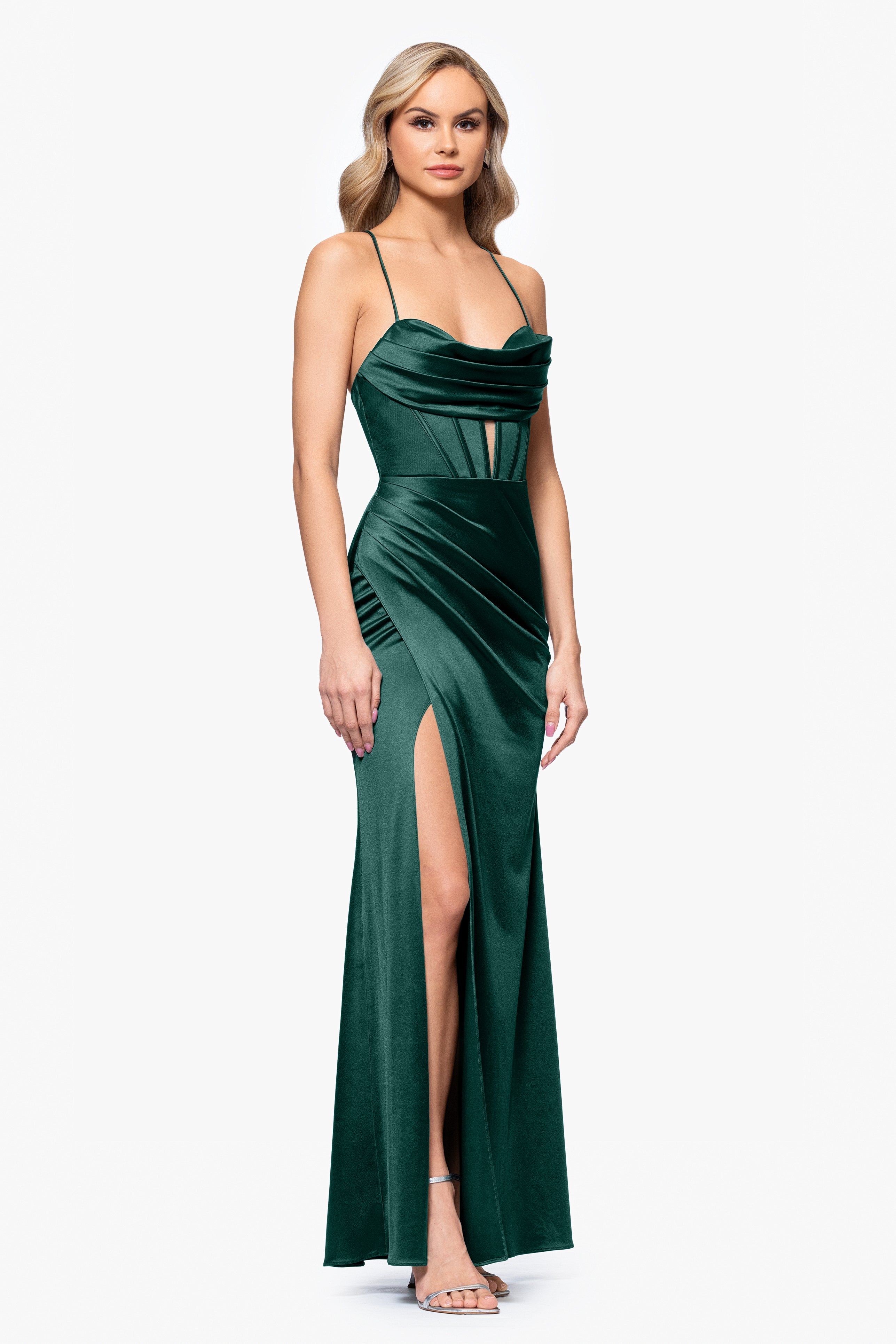 Blondie Nites "Camille" Satin Draped Corset Floor Length Dress