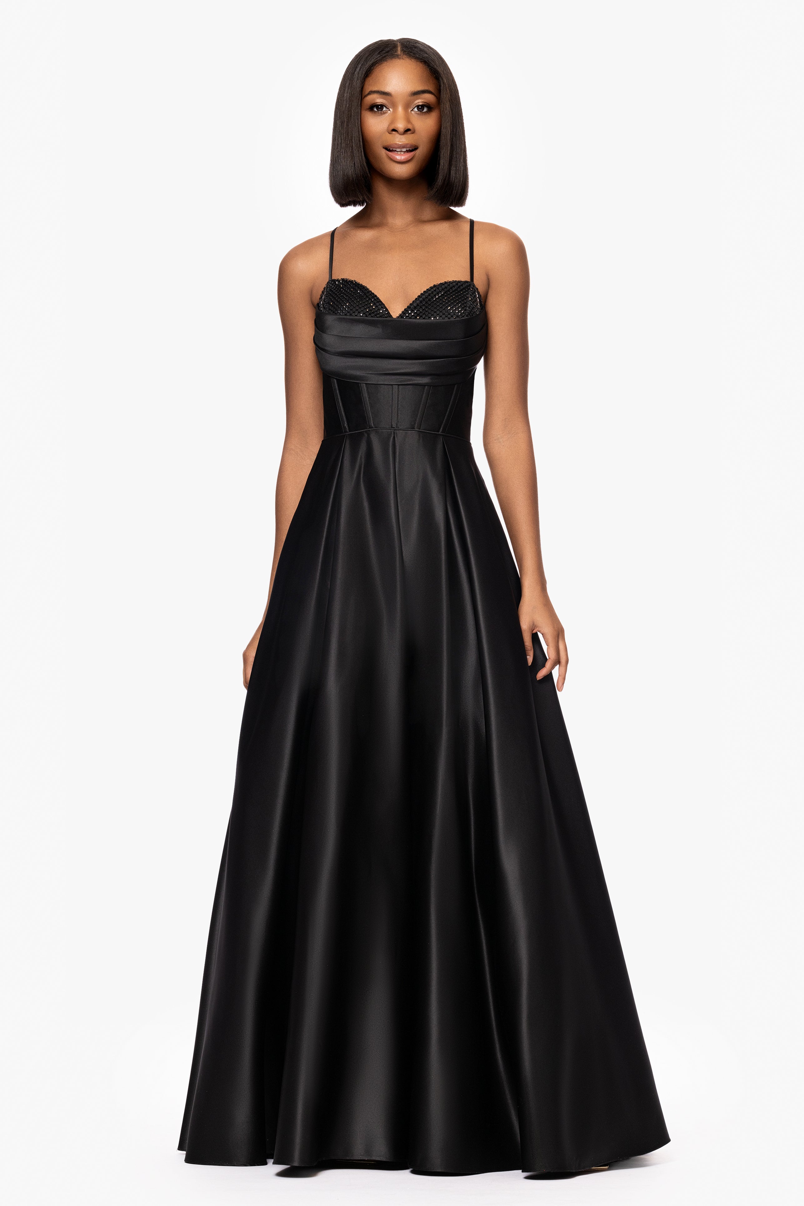 Blondie Nites "Leah" Satin Stone Cowl Neck Floor Length Gown