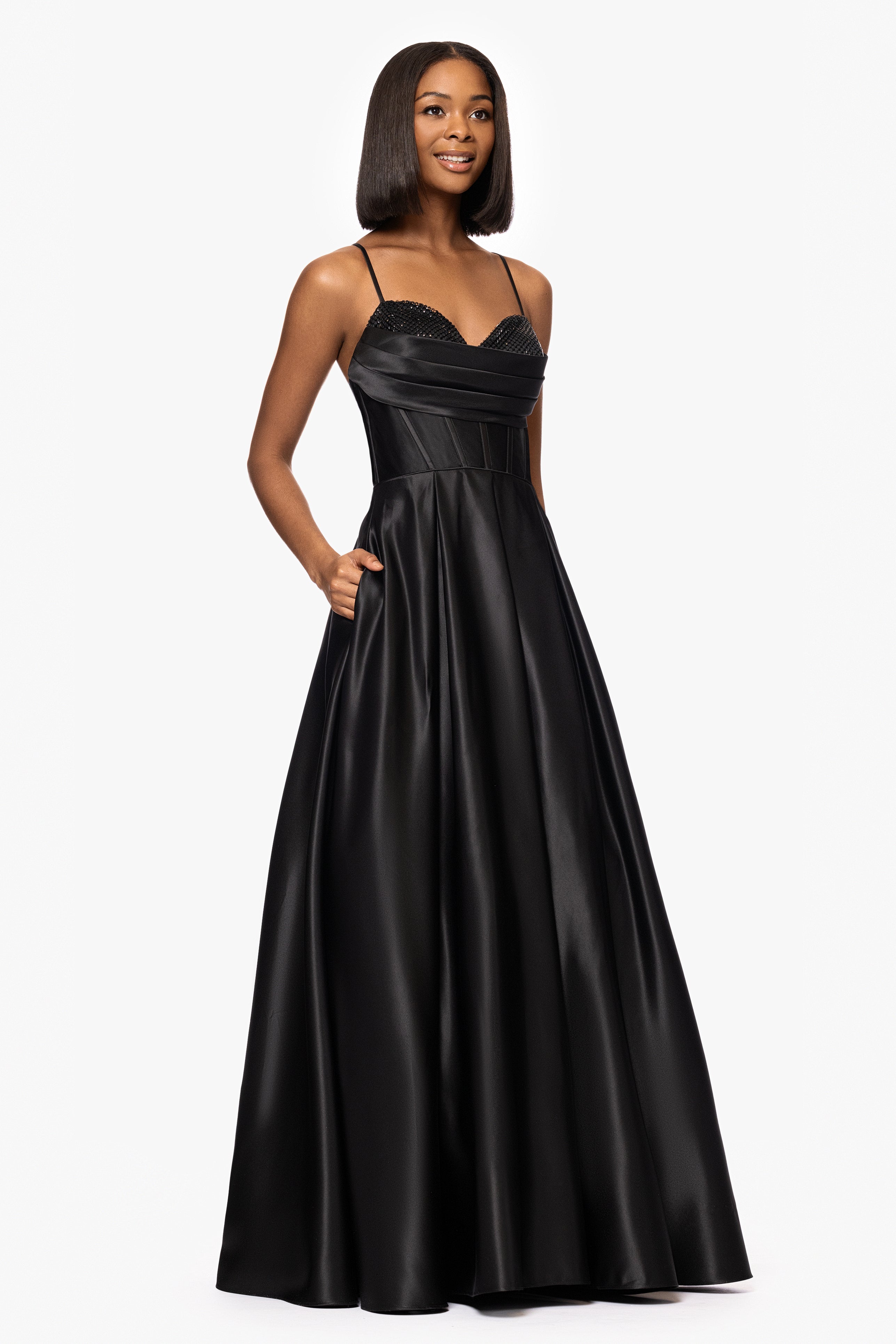 Blondie Nites "Leah" Satin Stone Cowl Neck Floor Length Gown