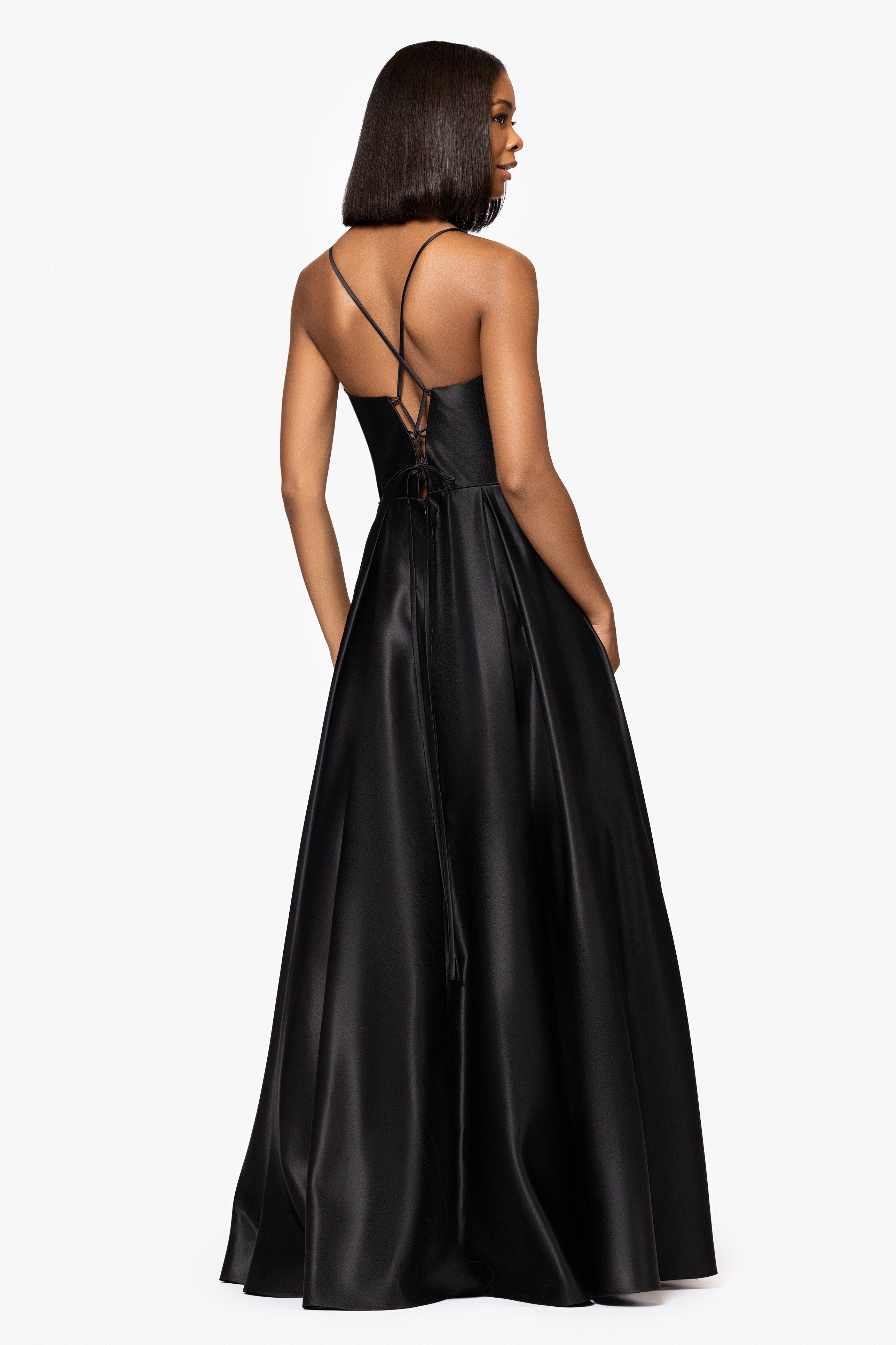 Blondie Nites "Leah" Satin Stone Cowl Neck Floor Length Gown