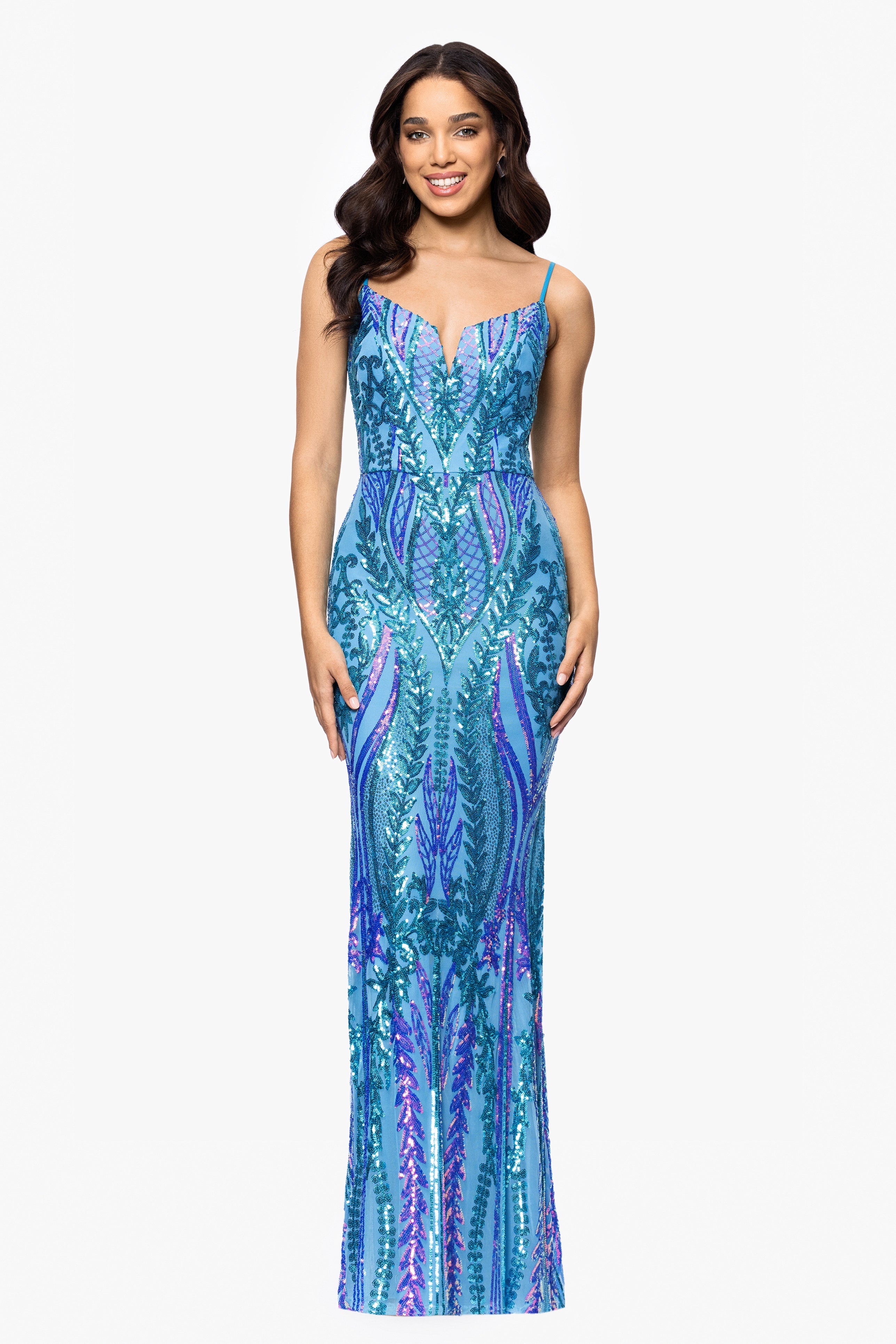 Blondie Nites "Christine" Spaghetti Strap Floor Length Sequin Dress