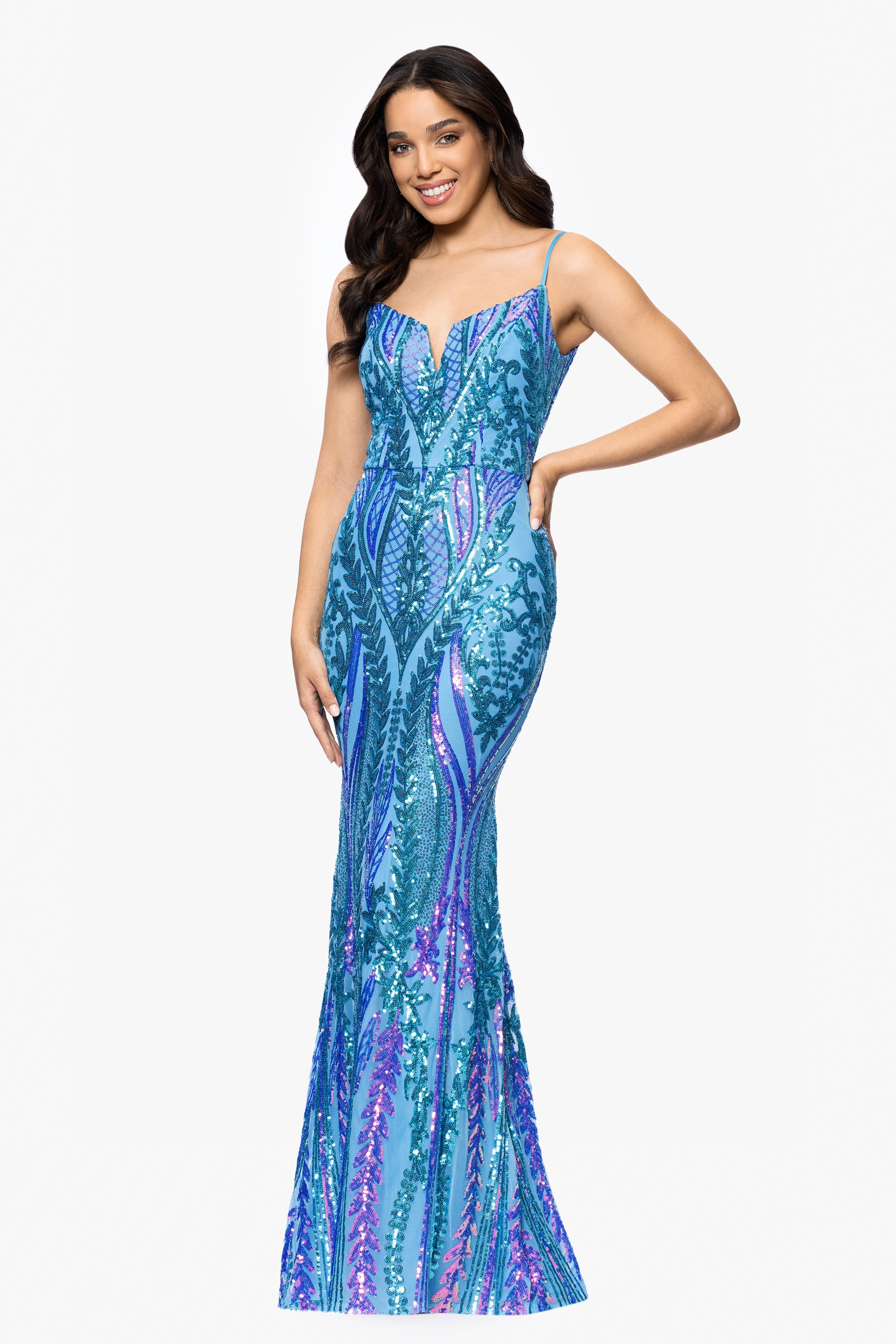 Blondie Nites "Christine" Spaghetti Strap Floor Length Sequin Dress