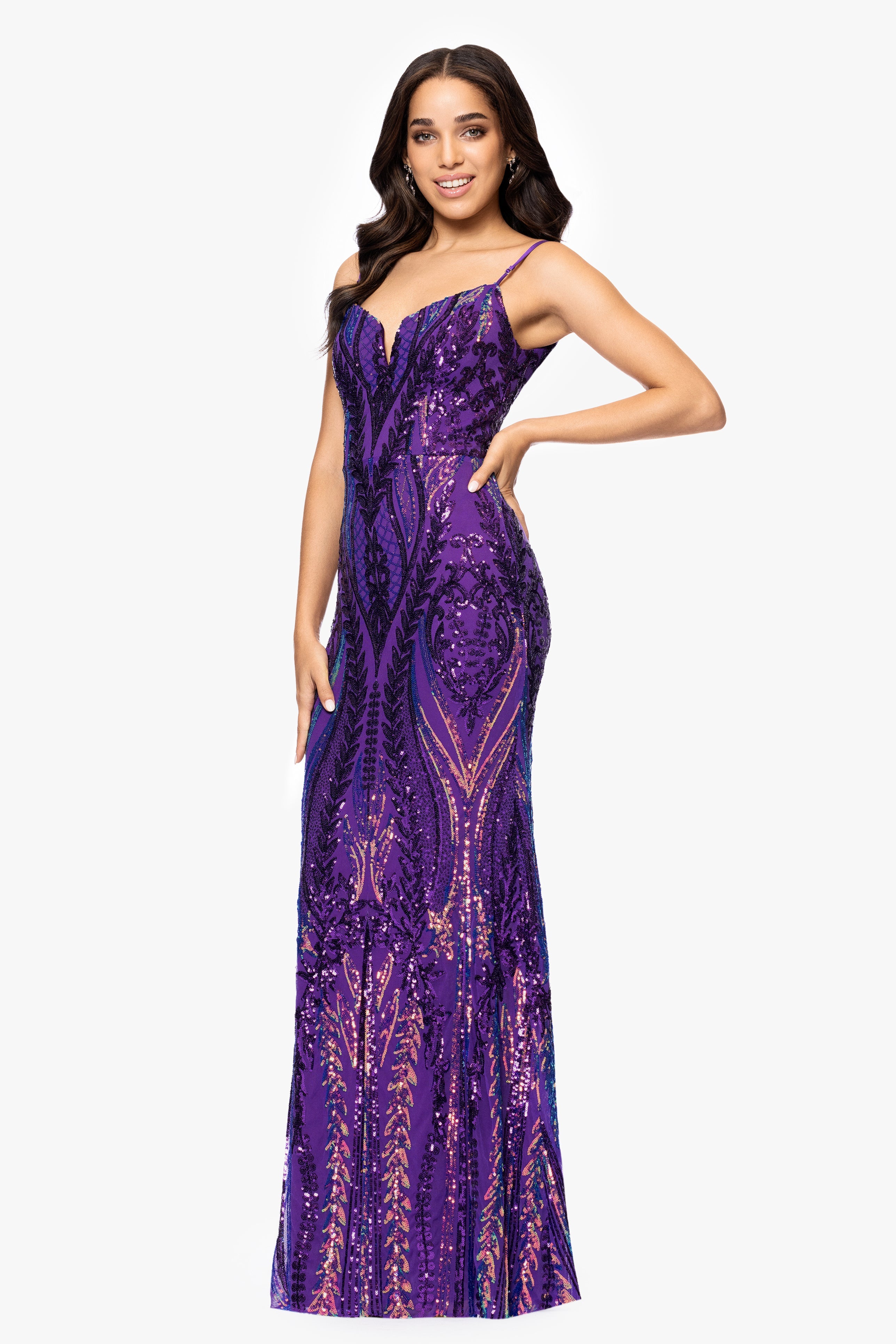 Blondie Nites "Christine" Spaghetti Strap Floor Length Sequin Dress