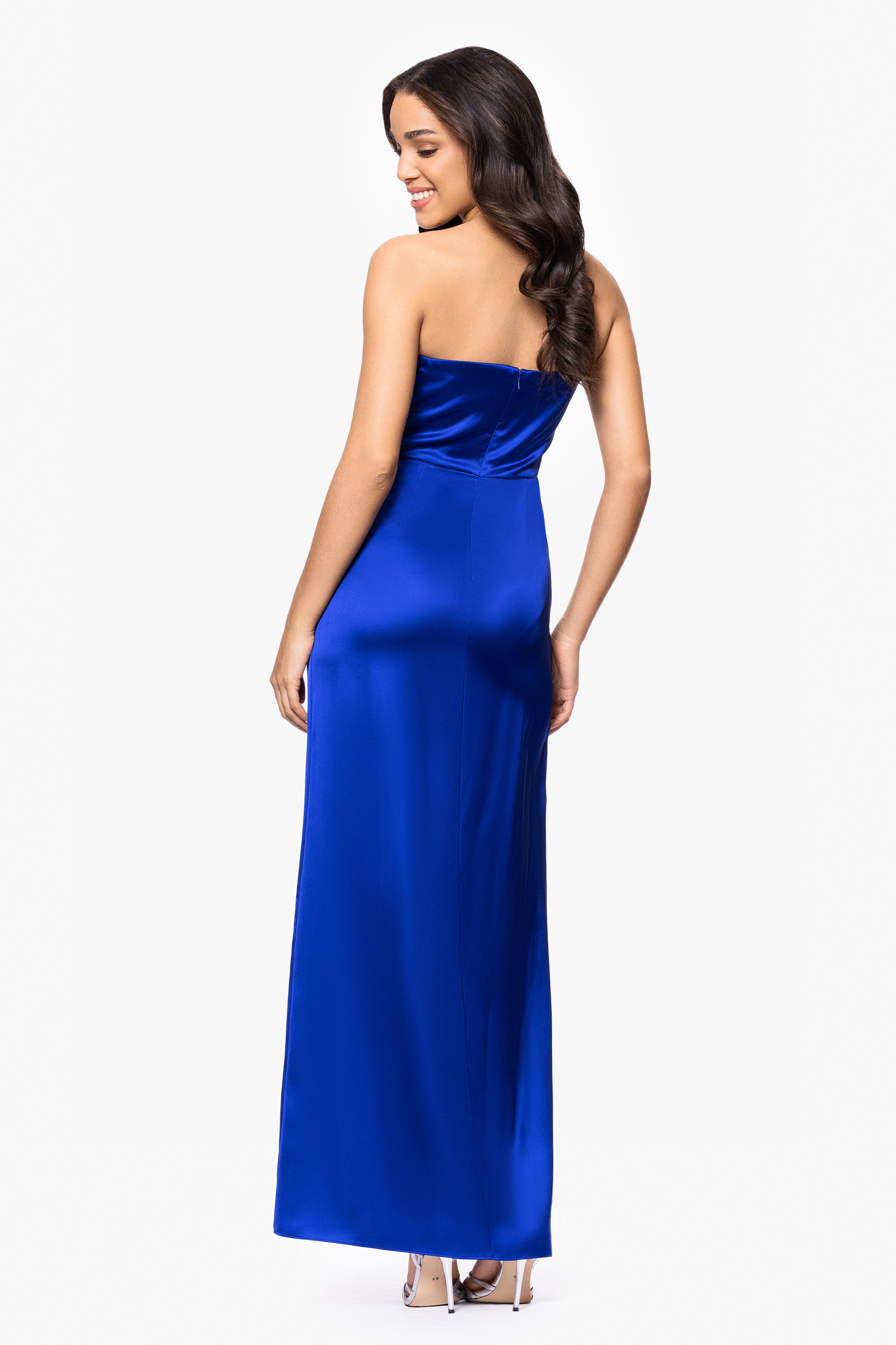 Blondie Nites "Molly" Satin Strapless Leg Slit Floor Length Dress