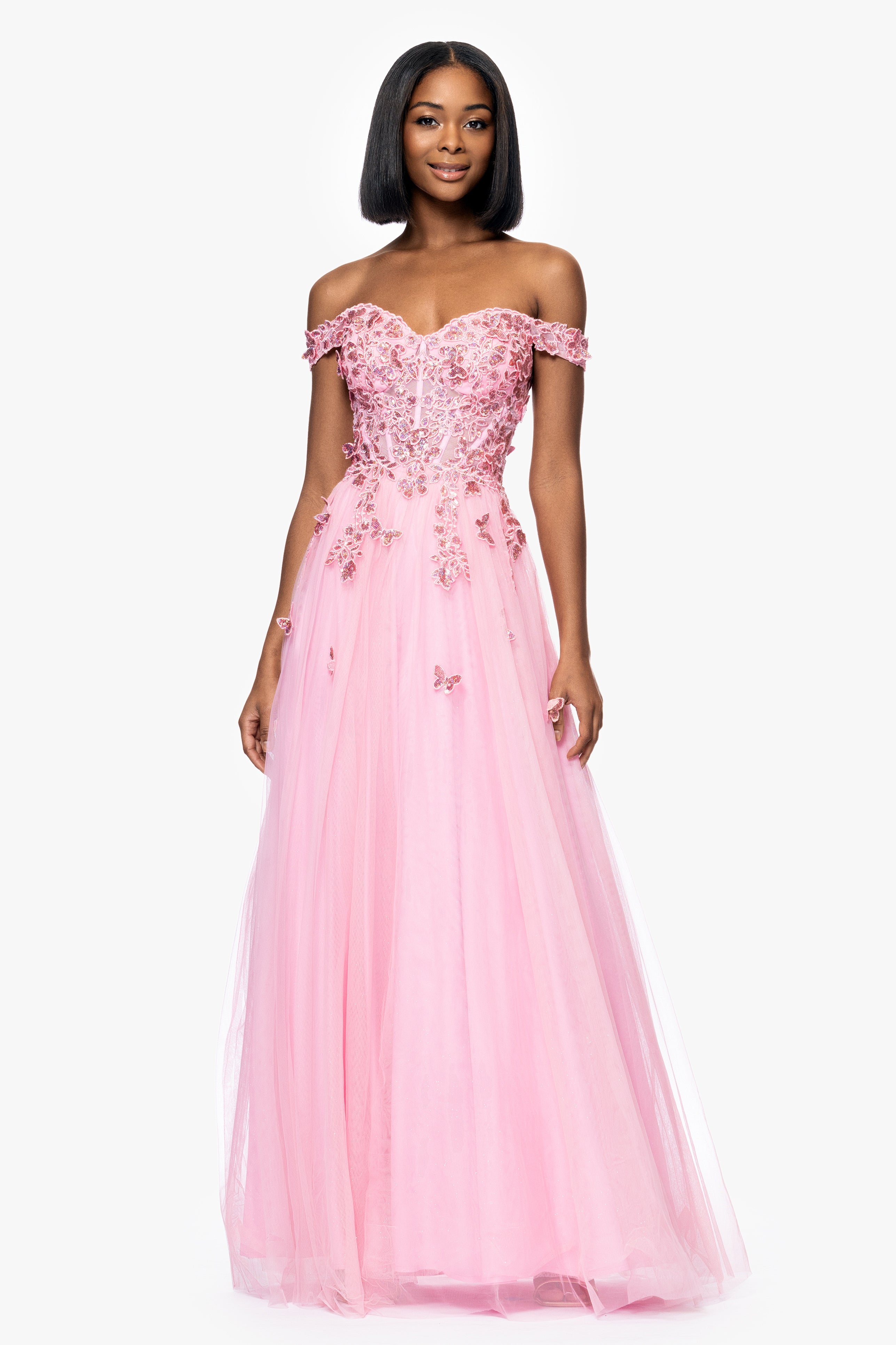 Blondie Nites "Luna" Long Off the Shoulder 3D Butterfly Embellished Gown