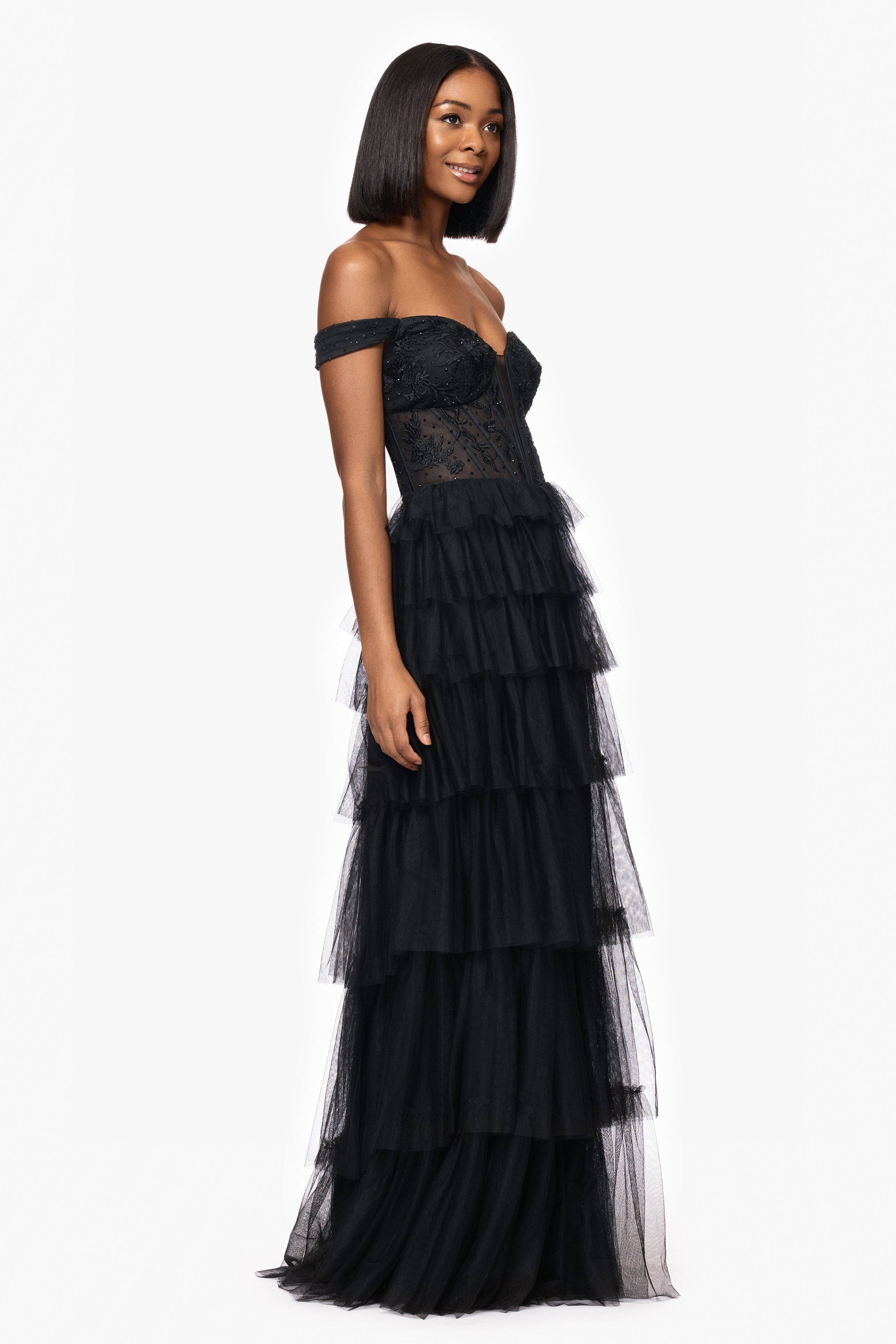 Blondie Nites "Charlotte" Long Mesh Off the Shoulder Applique and Ruffle Skirt Dress