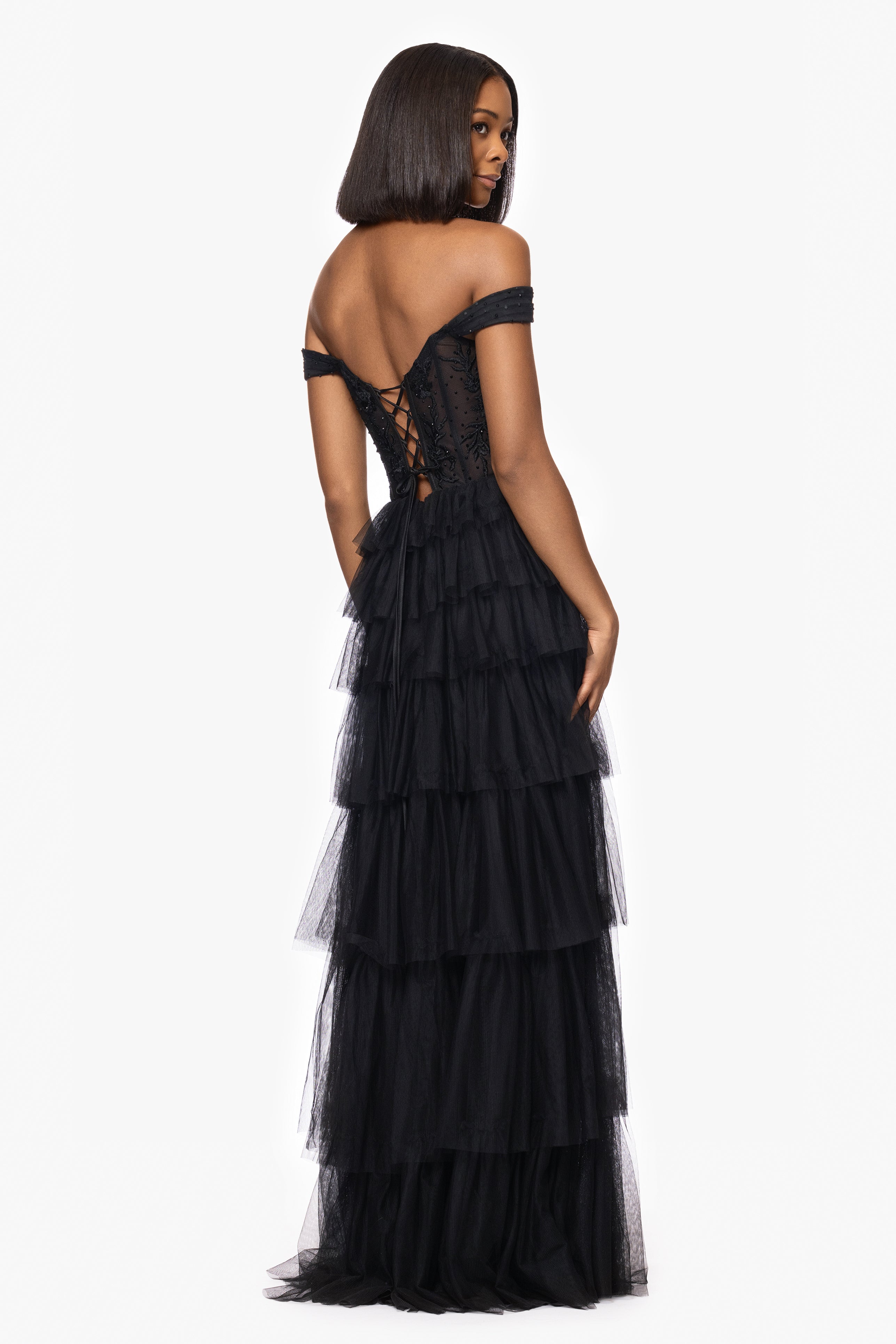 Blondie Nites "Charlotte" Long Mesh Off the Shoulder Applique and Ruffle Skirt Dress