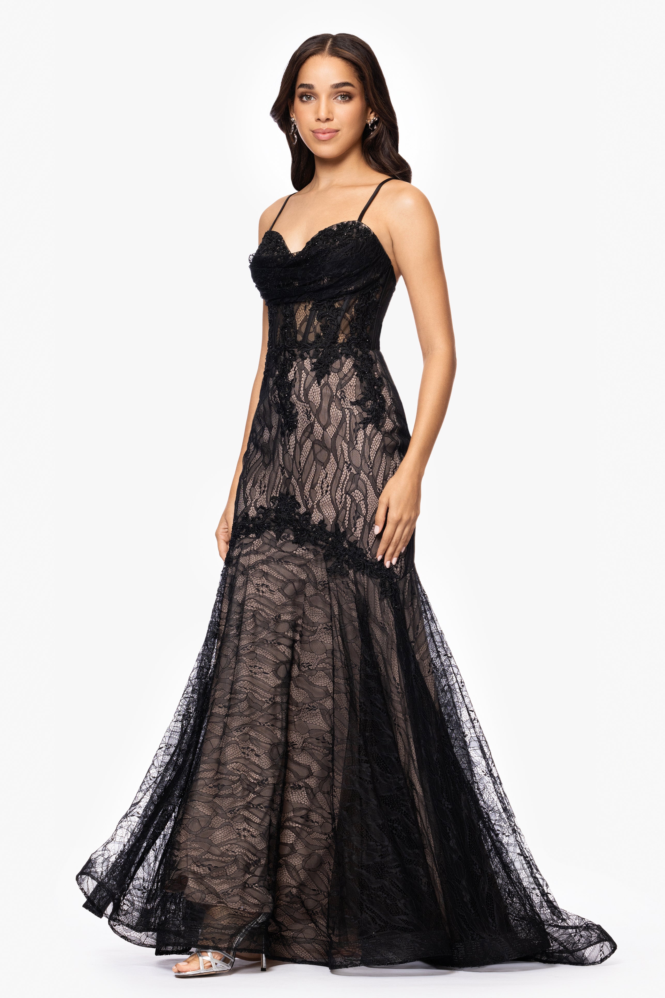 Blondie Nites "Marina" Lace Applique Floor Length Dress