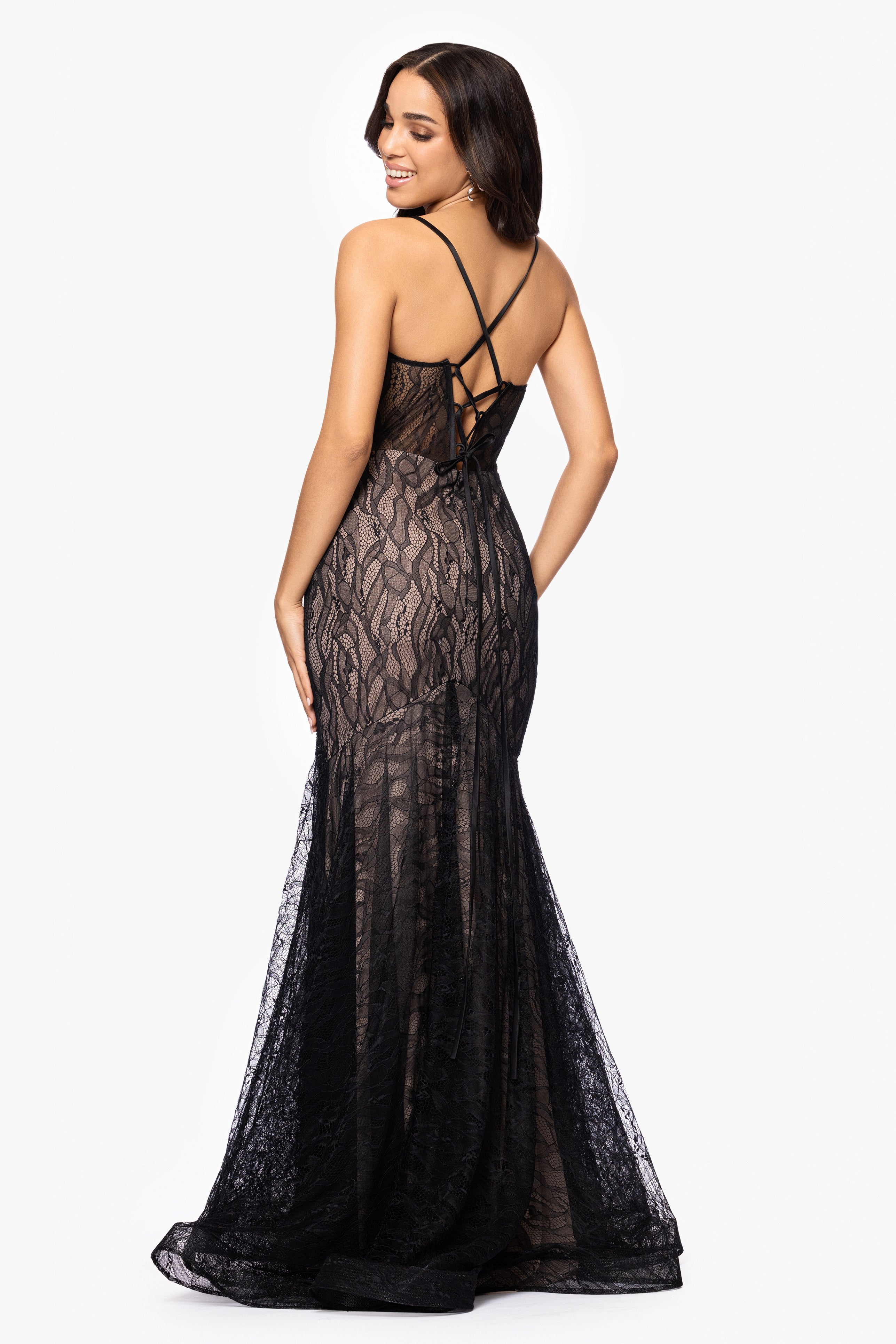 Blondie Nites "Marina" Lace Applique Floor Length Dress