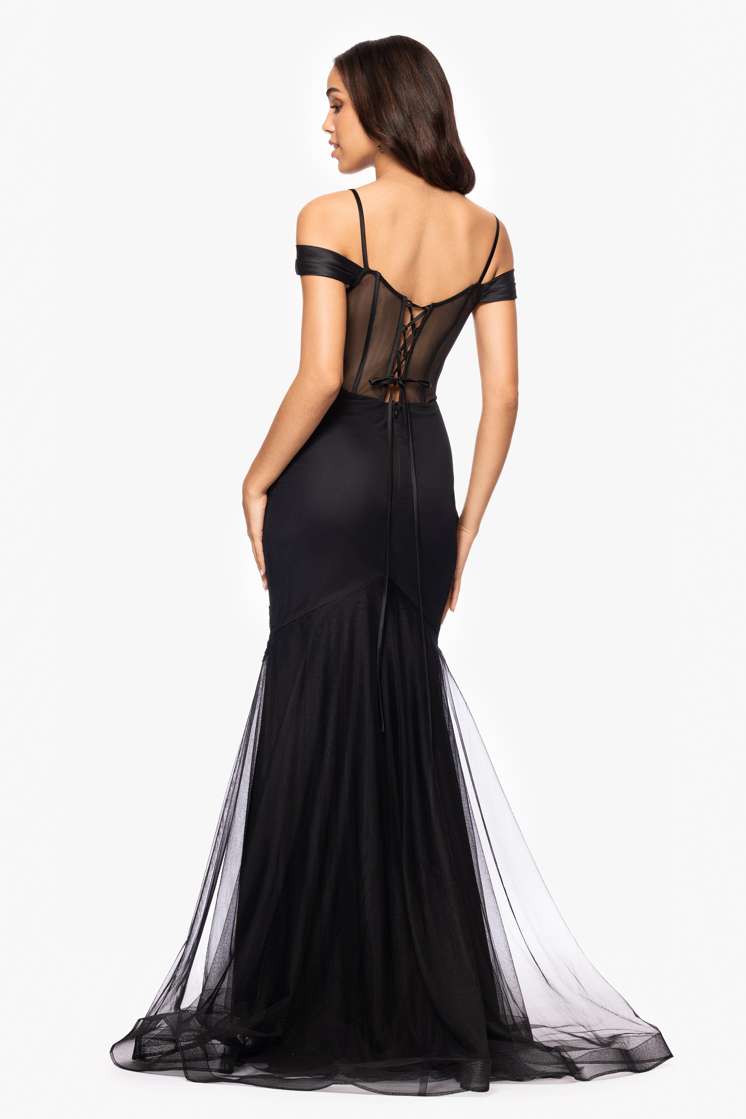 Blondie Nites "Miranda" Mesh Off the Shoulder Applique Floor Length Dress