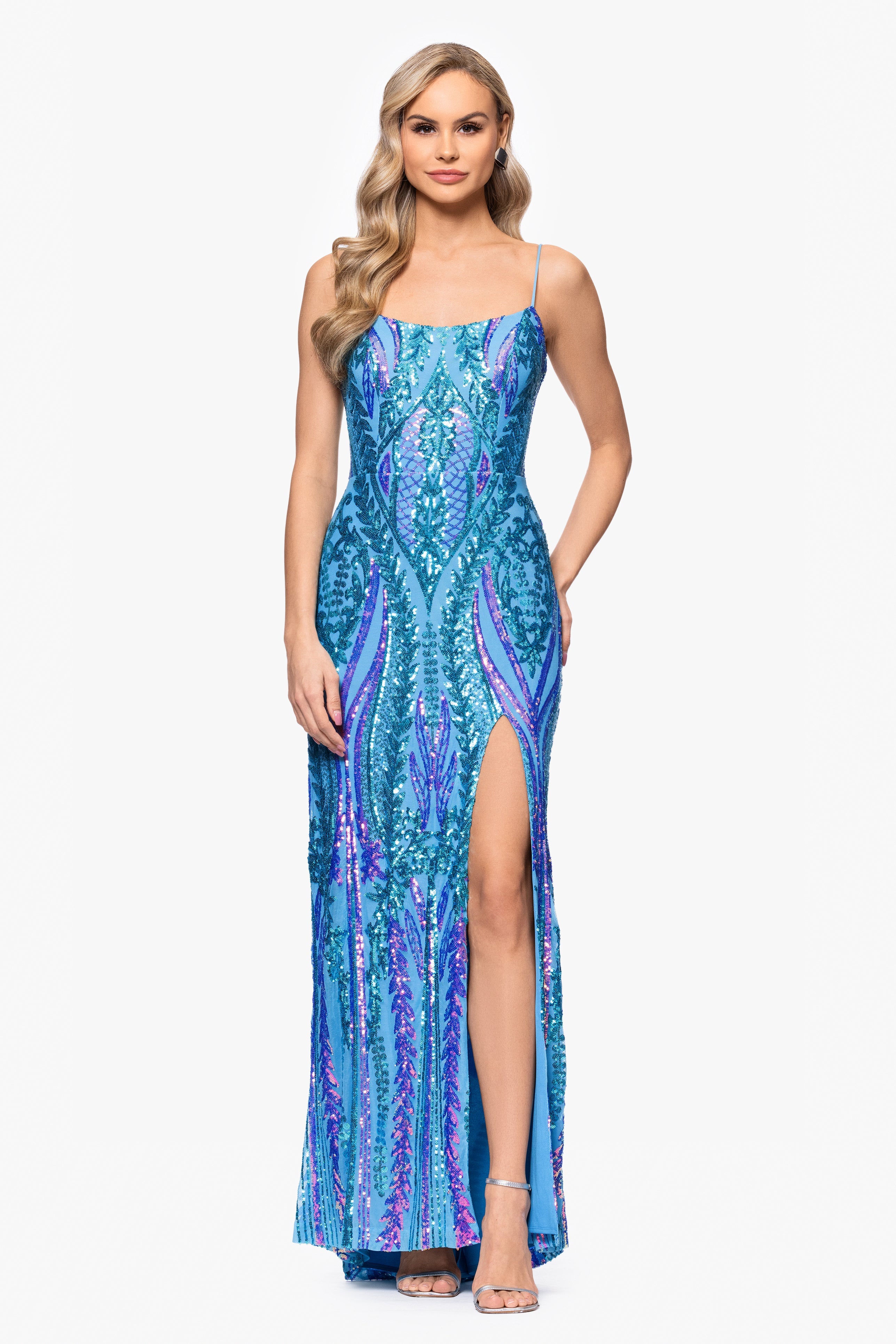 Blondie Nites "Nora" Sequin Scoop Neck Tieback Floor Length Dress