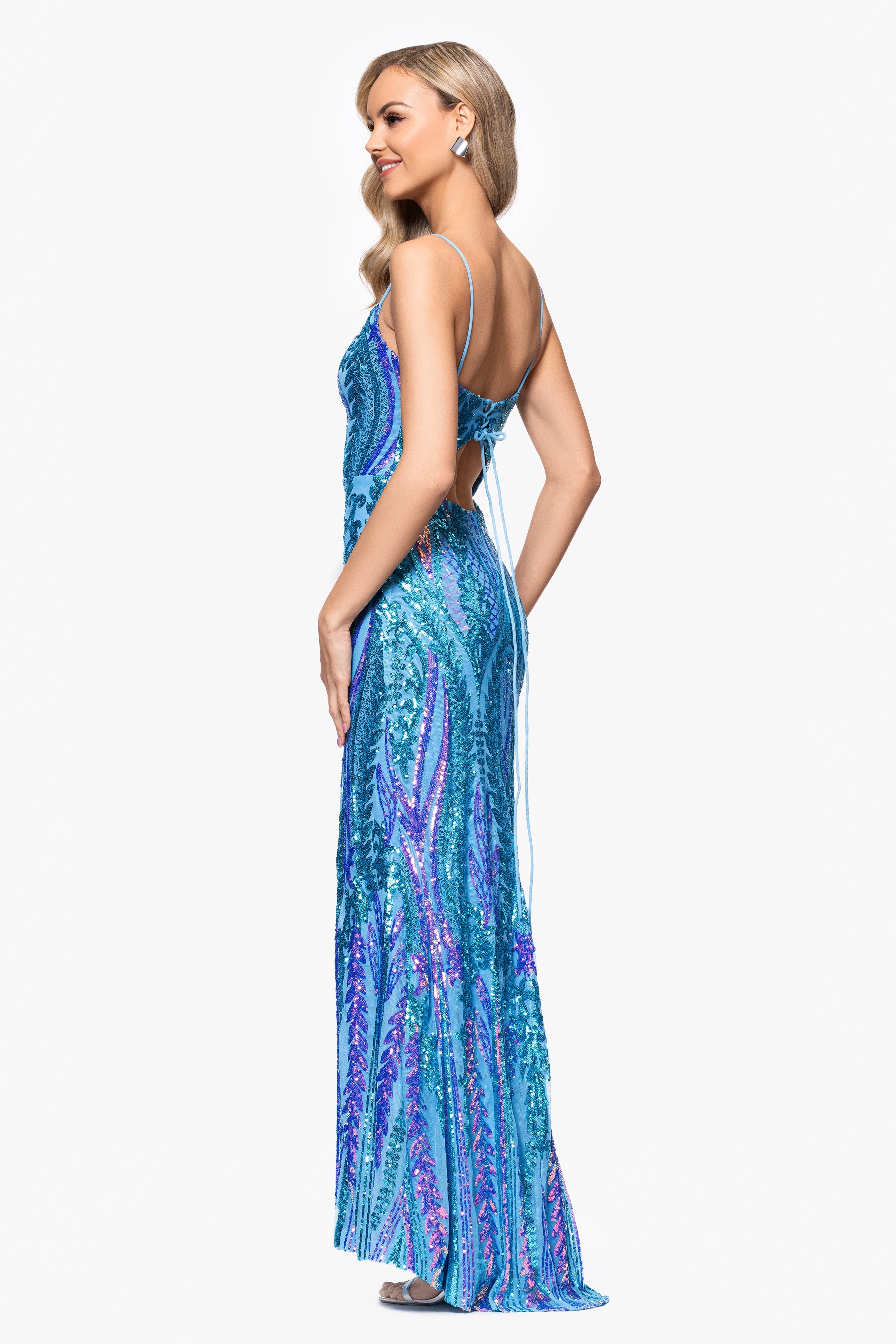 Blondie Nites "Nora" Sequin Scoop Neck Tieback Floor Length Dress