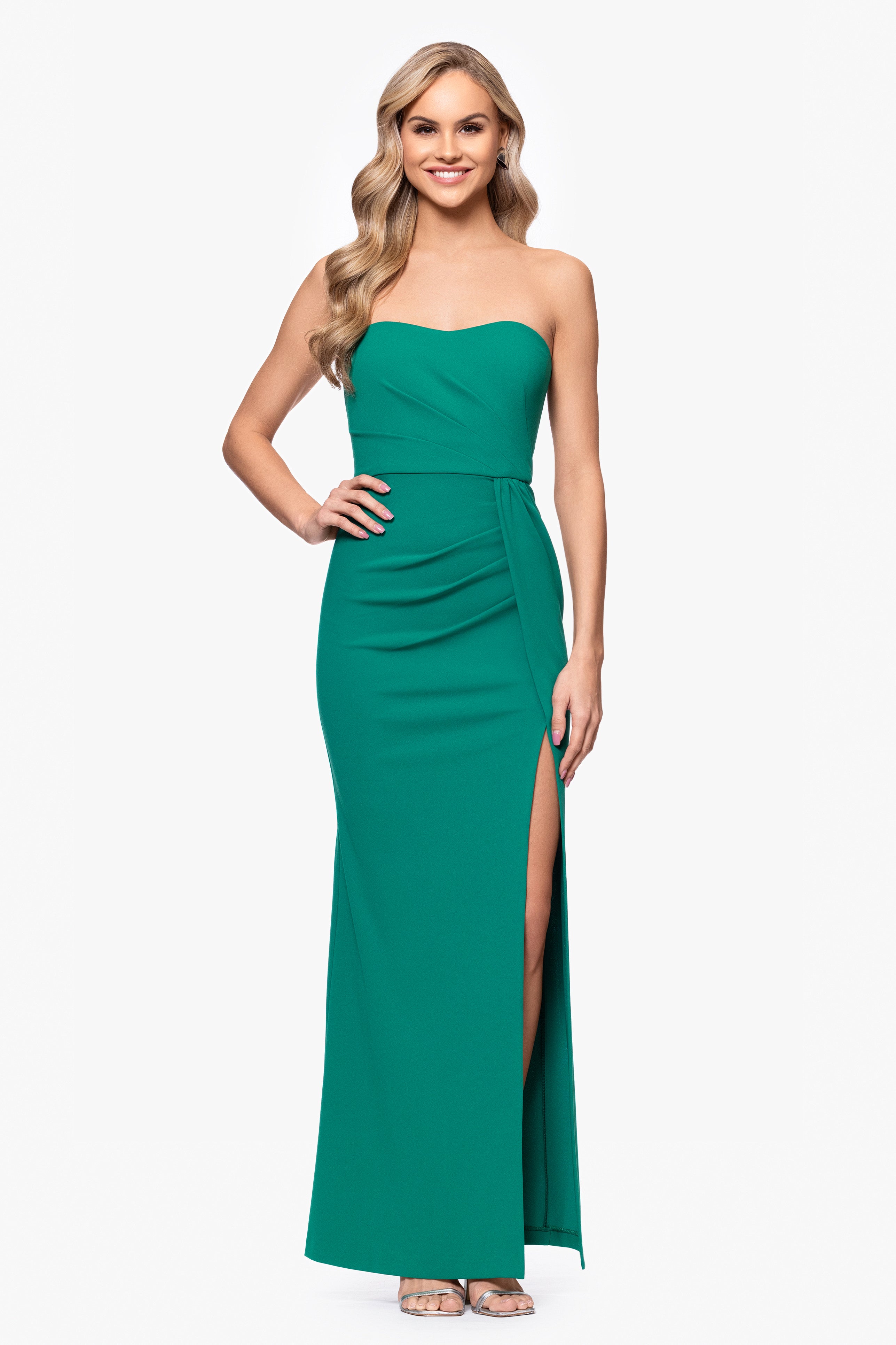 Blondie Nites "Reese" Long Scuba Strapless Ruched Dress