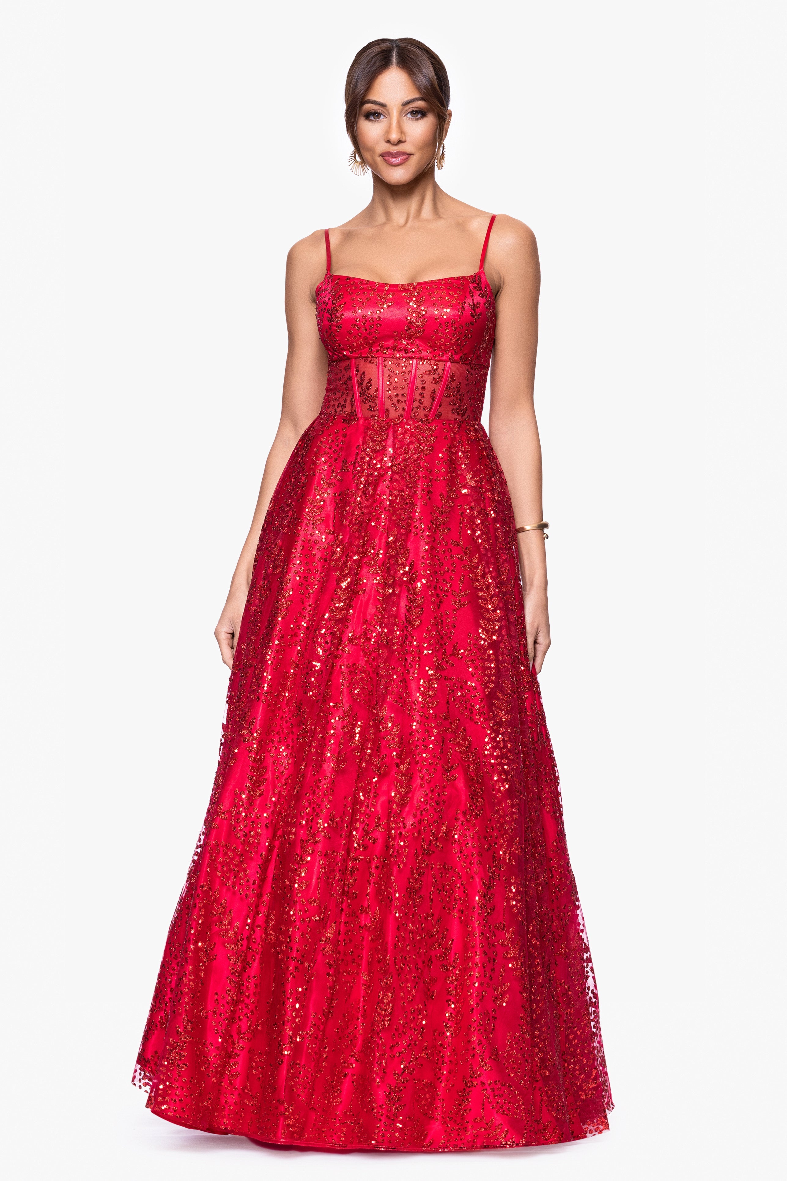 Blondie Nites "Mona" Glitter Illusion Lace Up Floor Length Dress