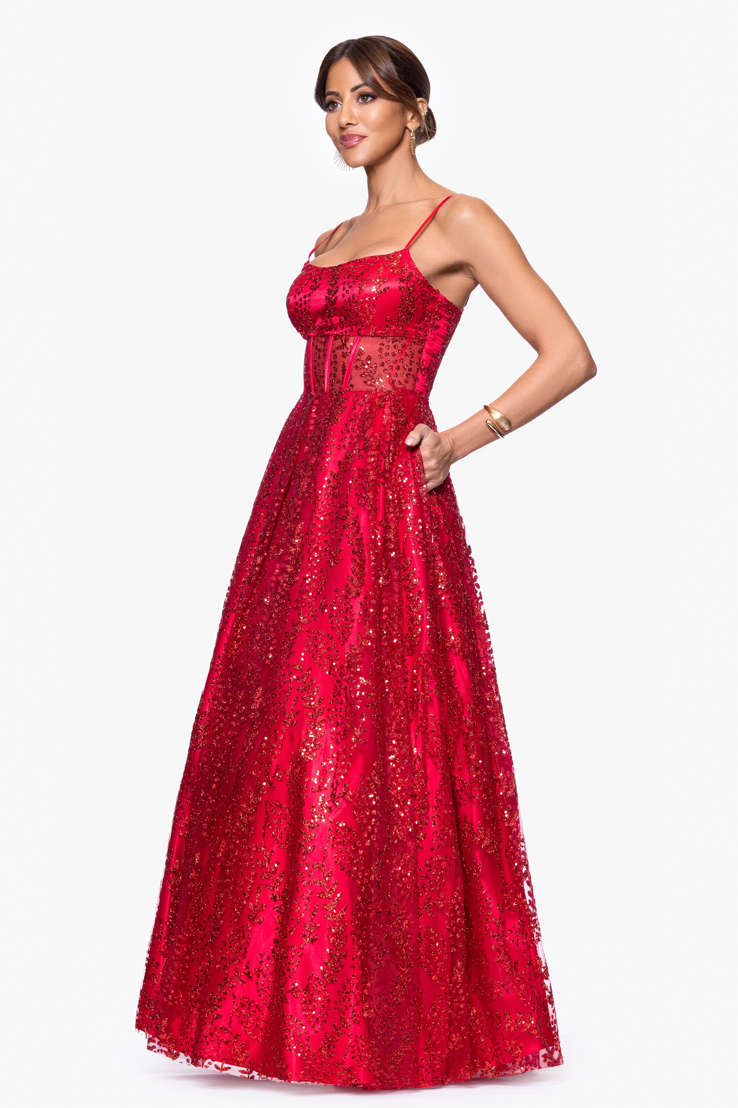 Blondie Nites "Mona" Glitter Illusion Lace Up Floor Length Dress