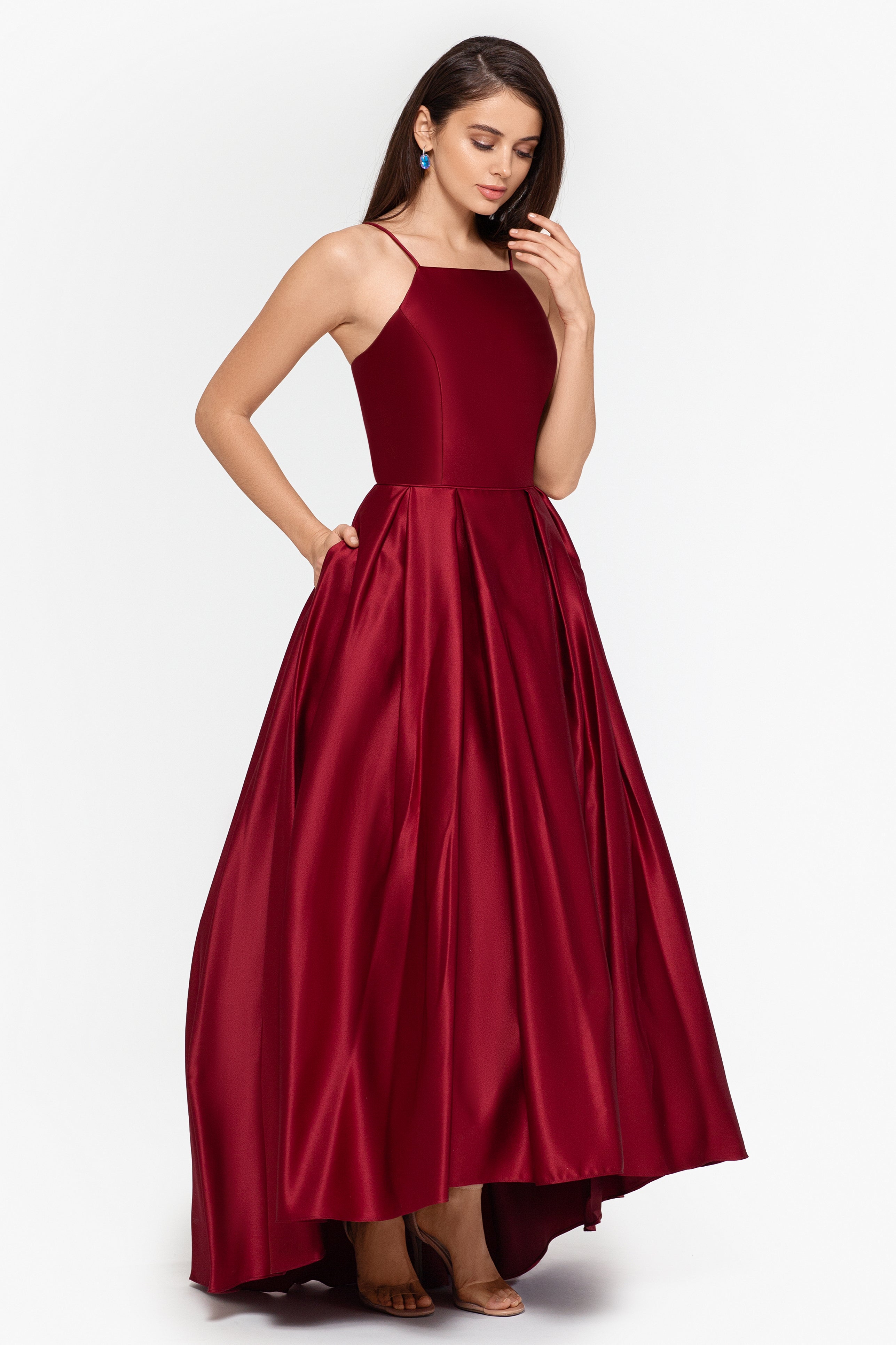 Petite "Grier" Long High Low Halter Satin Ballgown