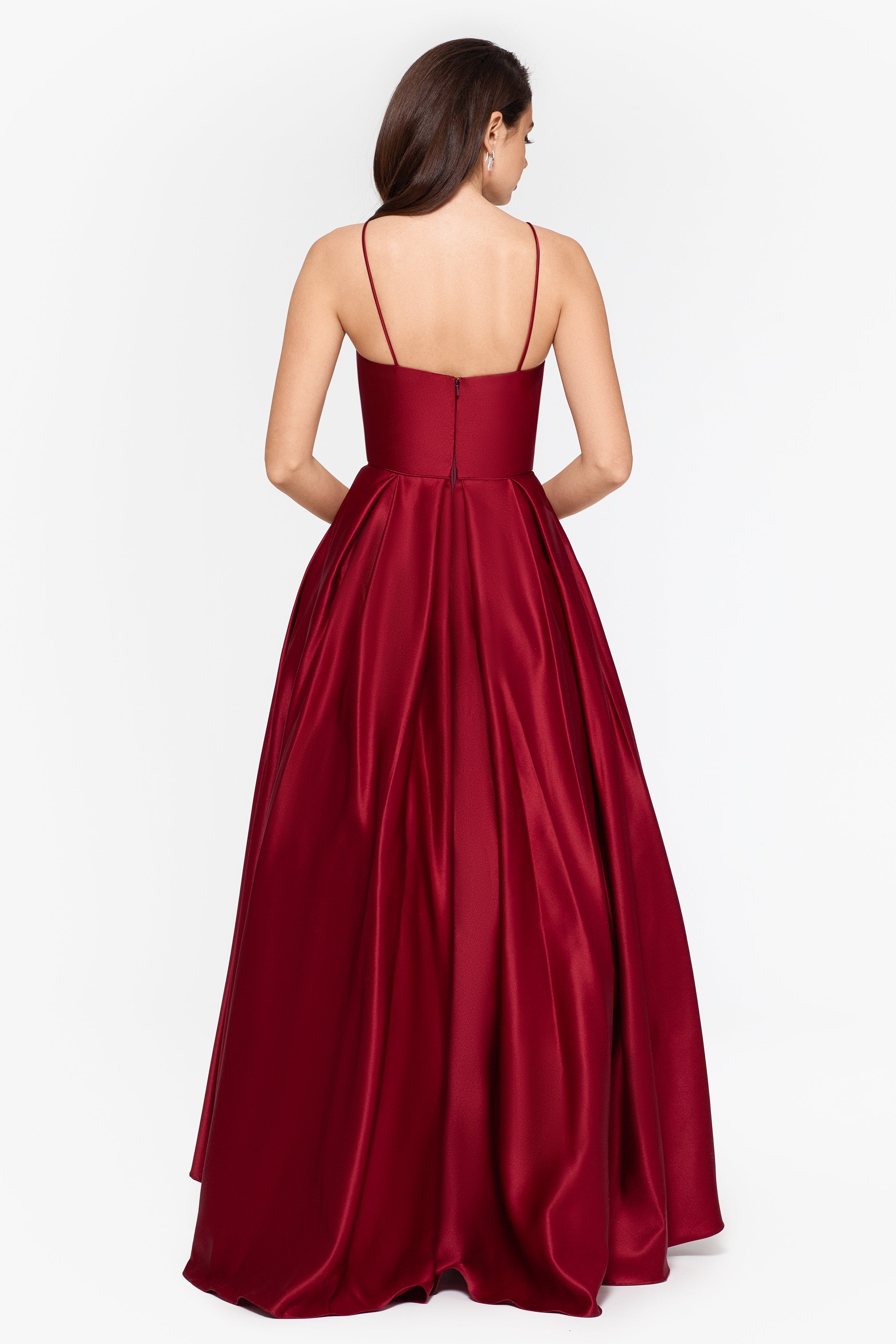 Petite "Grier" Long High Low Halter Satin Ballgown