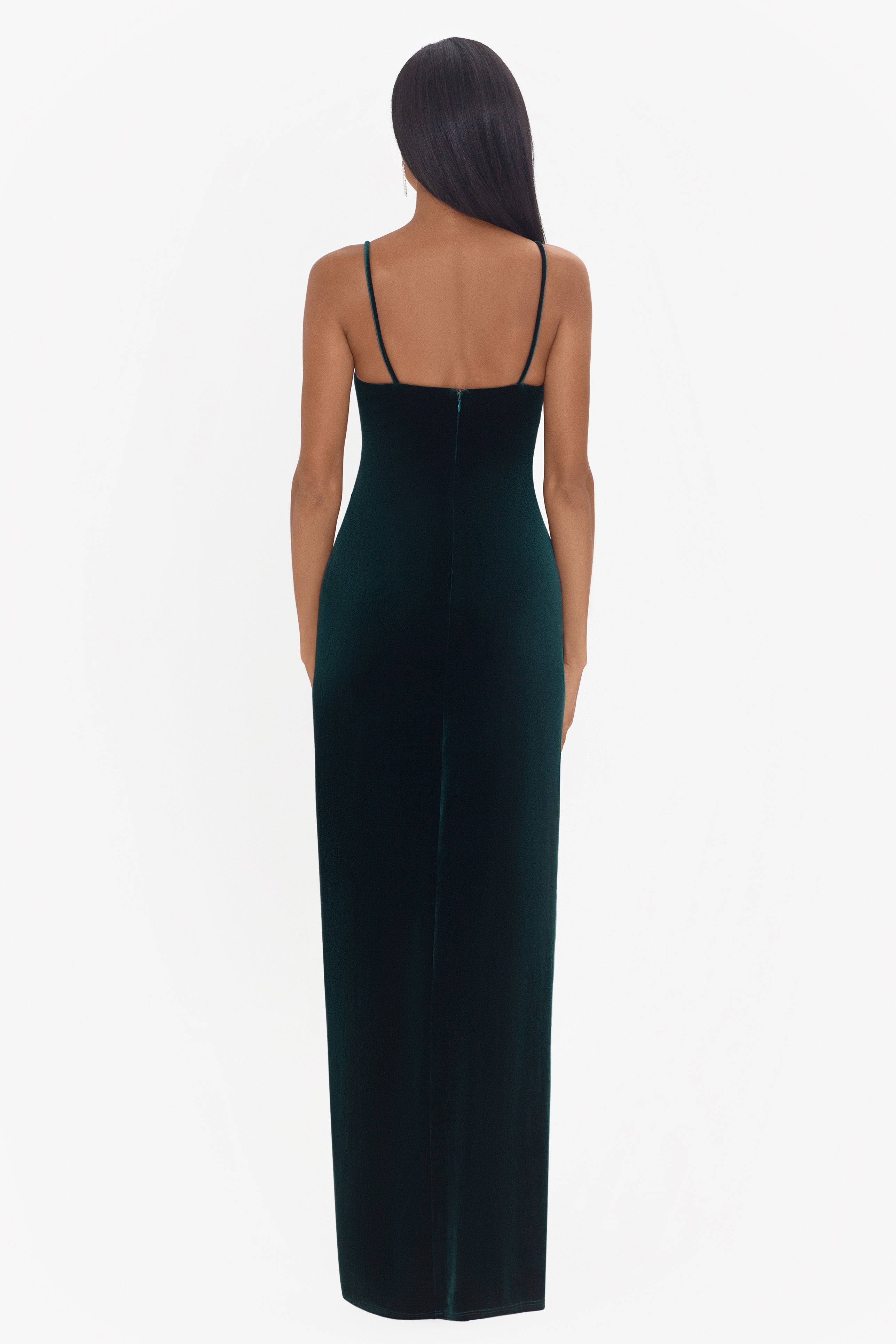 Petite "Maritza" Long Velvet Spaghetti Strap Dress