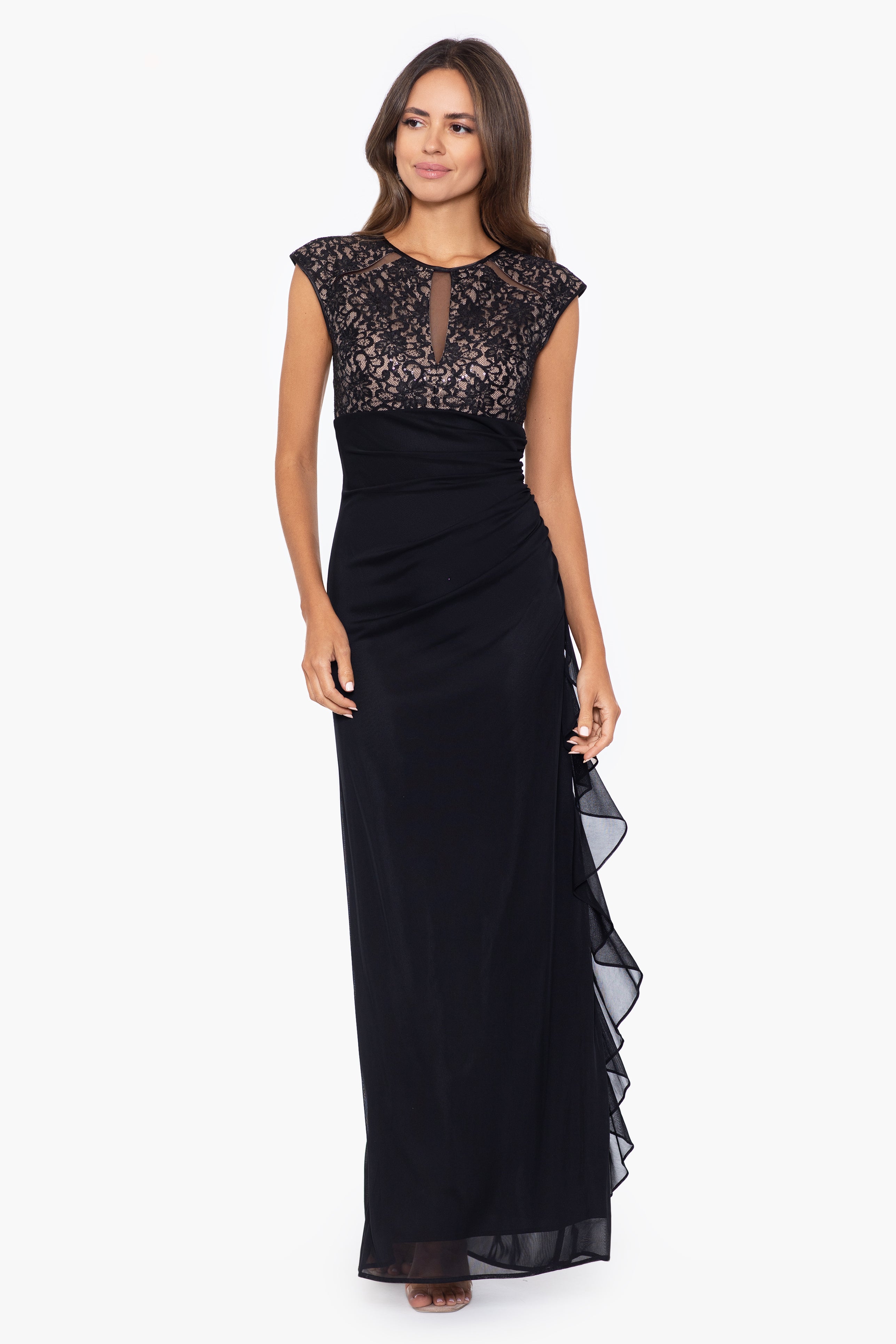 "Anya" Long Jersey Knit Lace Bodice Gown