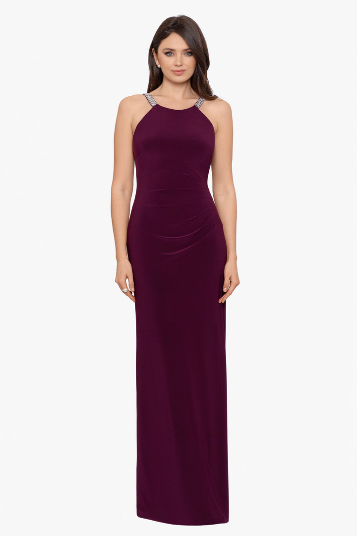 "Jayleen" High Neck Side Ruched Stretch Knit Gown