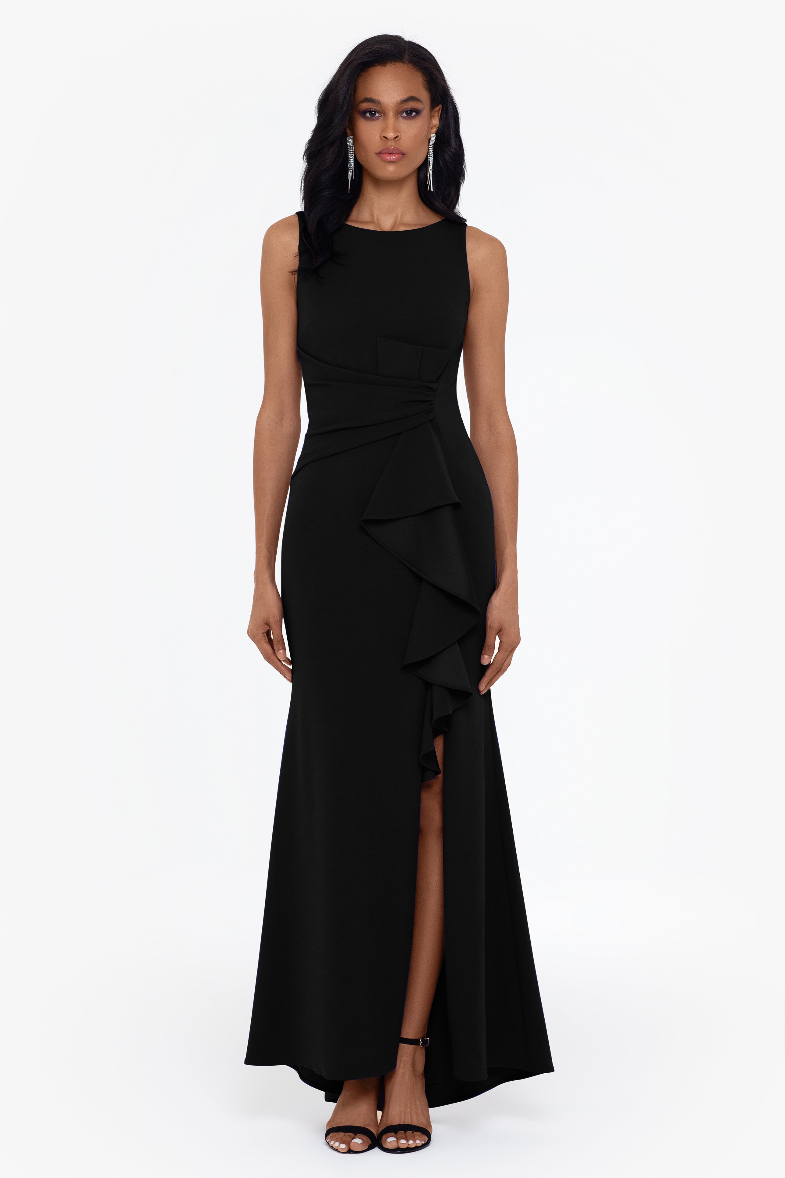 "Christine" Scuba Crepe Ruffled Bow Gown