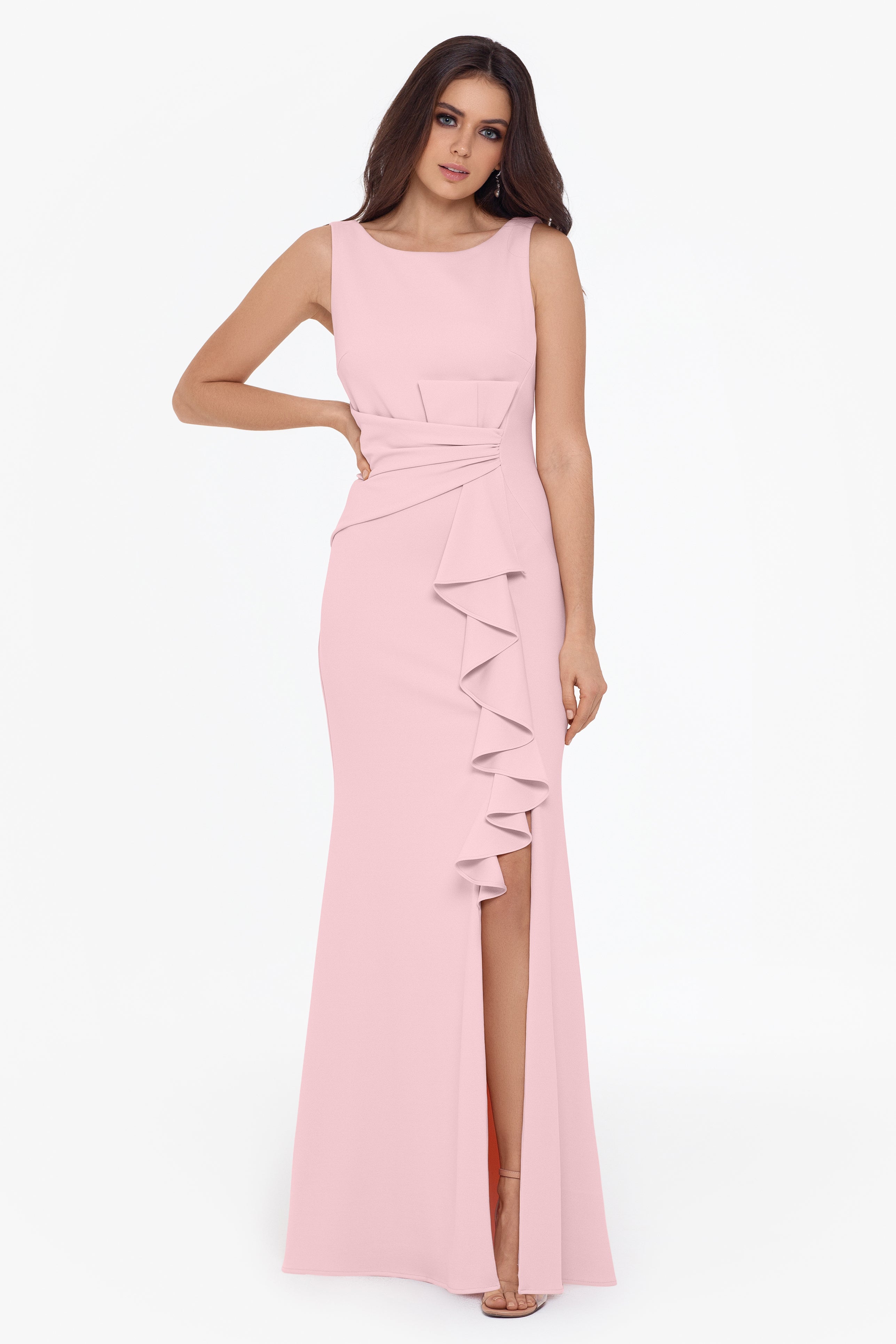 "Christine" Scuba Crepe Ruffled Bow Gown