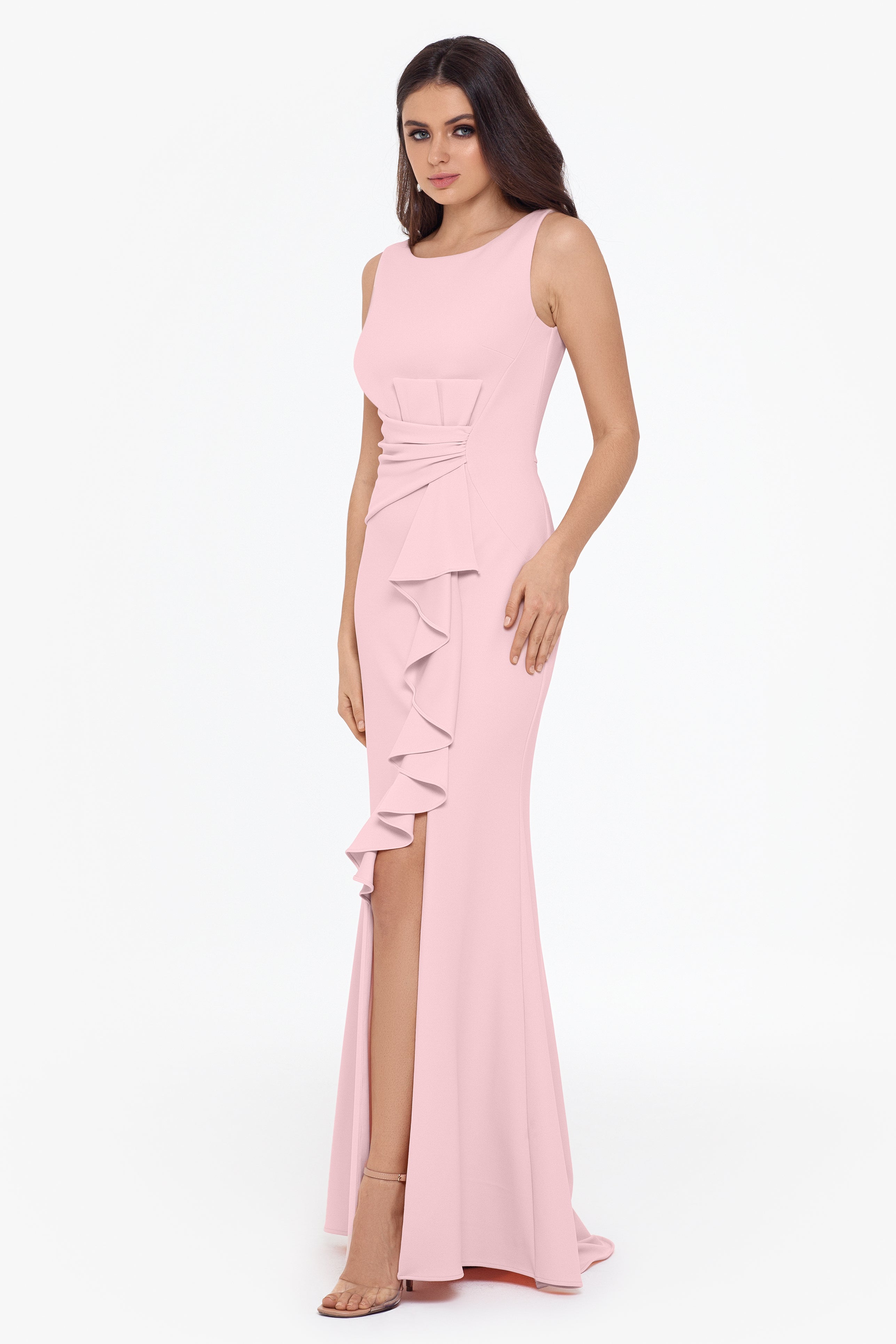 "Christine" Scuba Crepe Ruffled Bow Gown