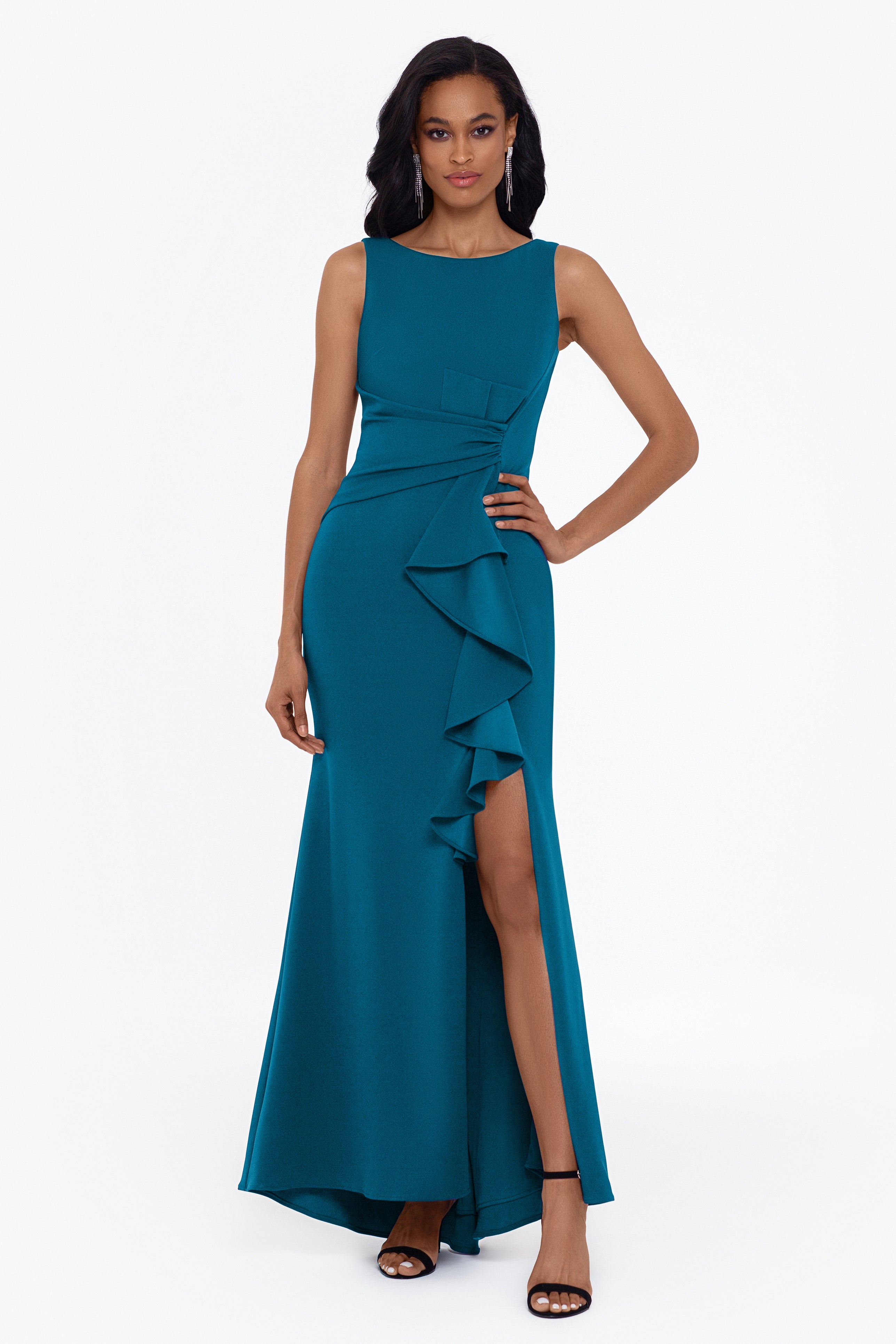 Petite "Christine" Scuba Crepe Ruffled Bow Gown