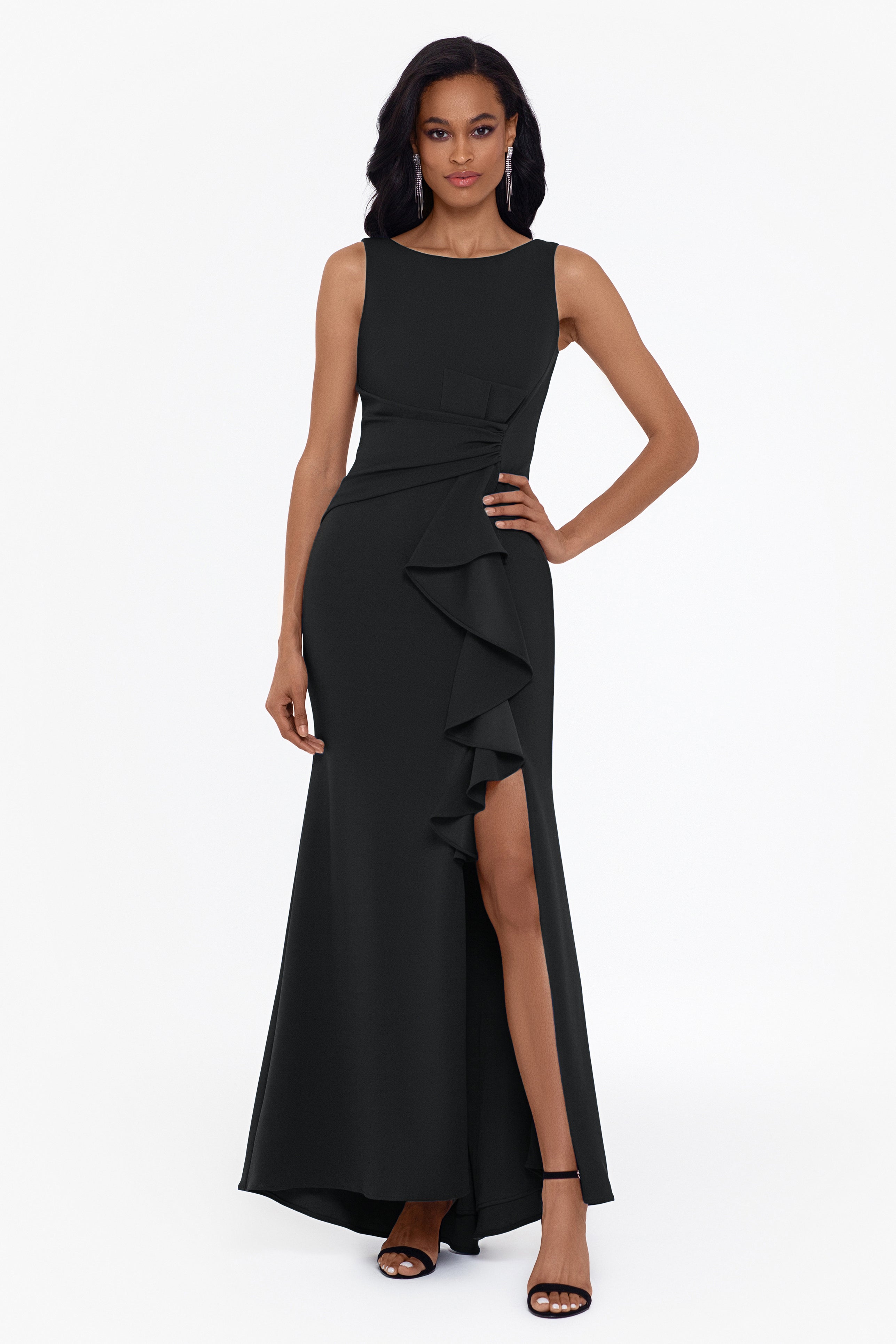 "Christine" Scuba Crepe Ruffled Bow Gown