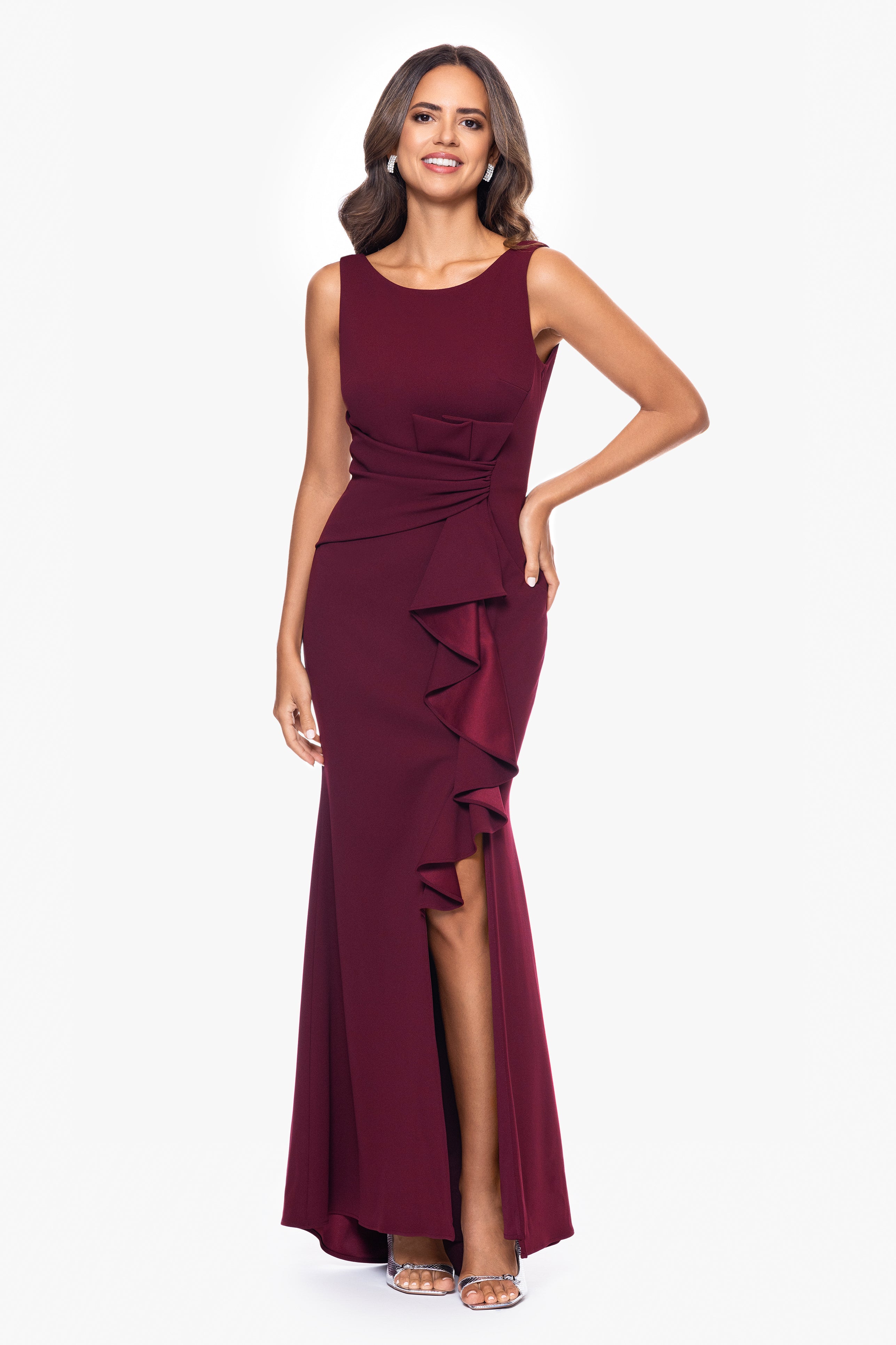 "Christine" Scuba Crepe Ruffled Bow Gown