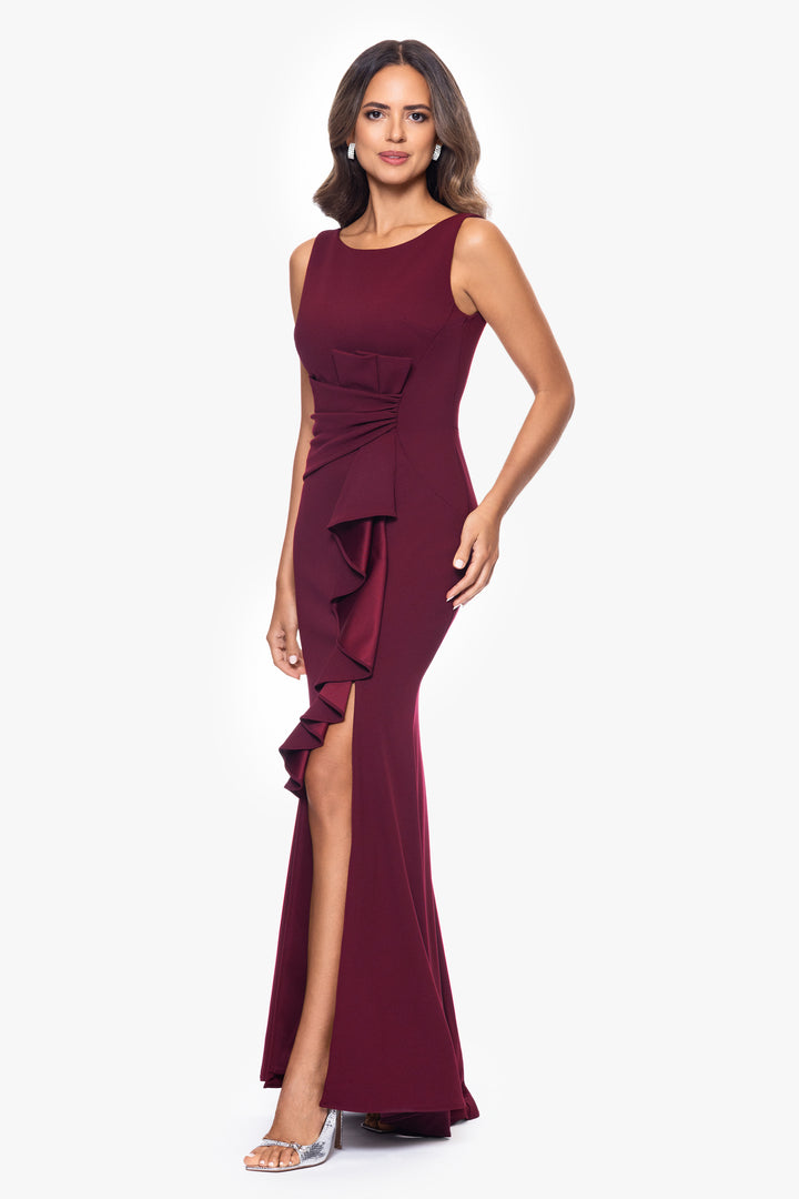 "Christine" Scuba Crepe Ruffled Bow Gown